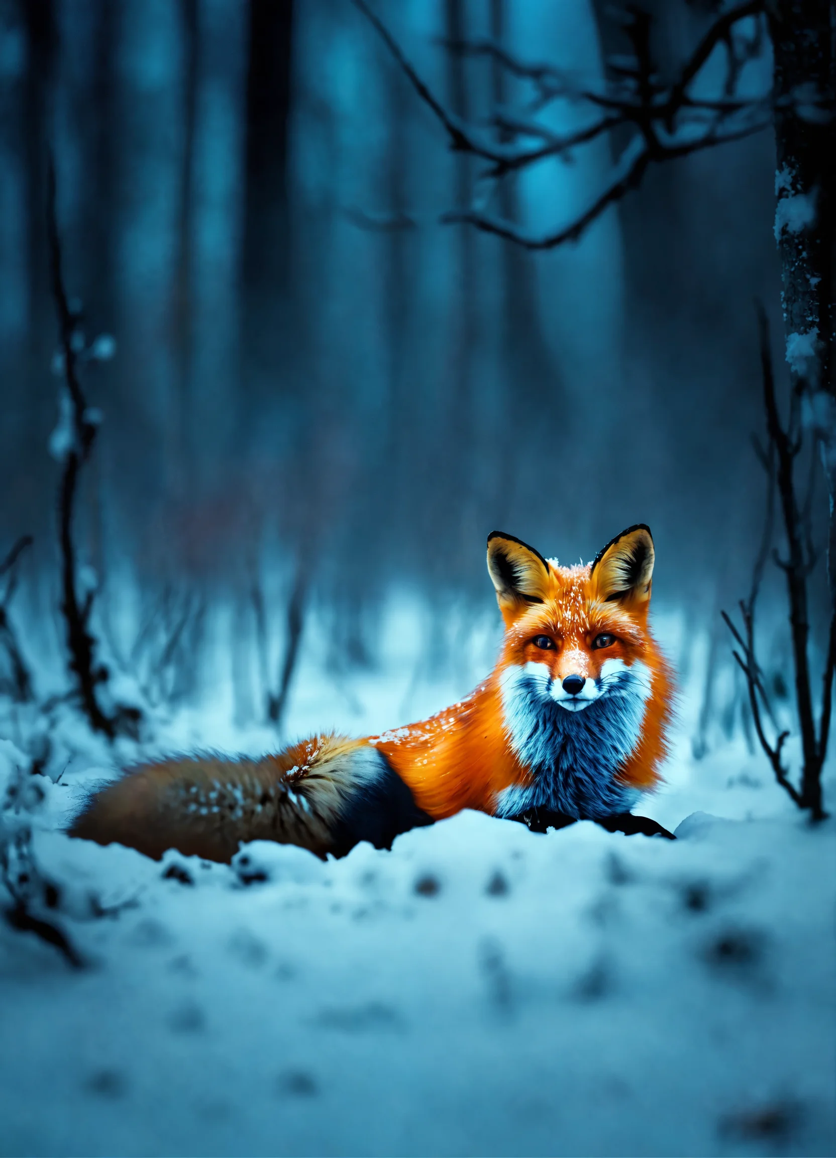 Lexica - The fox lies in the snow. Night in the forest. Severe frost ...