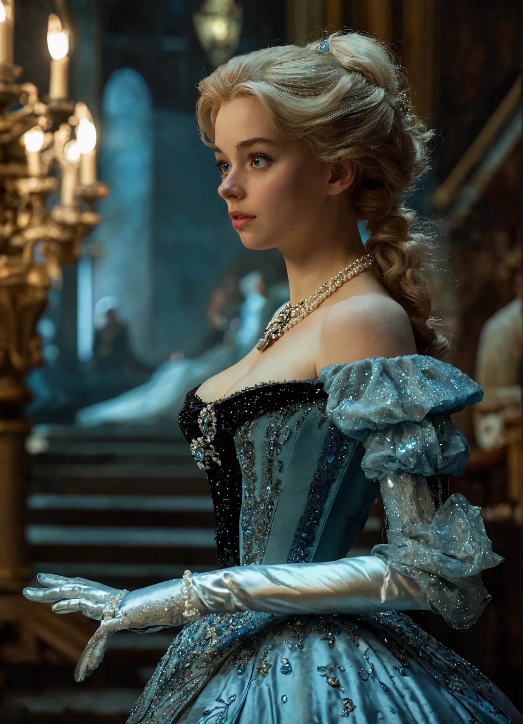 Lexica - Blond Cinderella afraid looking to a midnight clock , with a ...