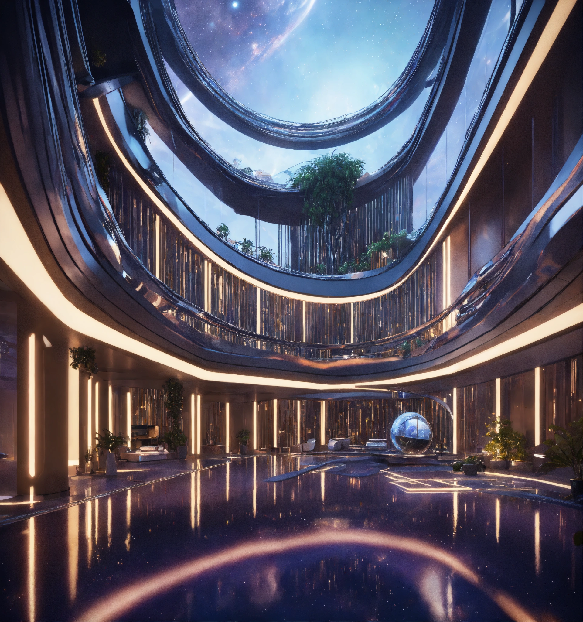 Lexica - Space port hotel courtyard cosmic atrium in deep space, cosmic ...