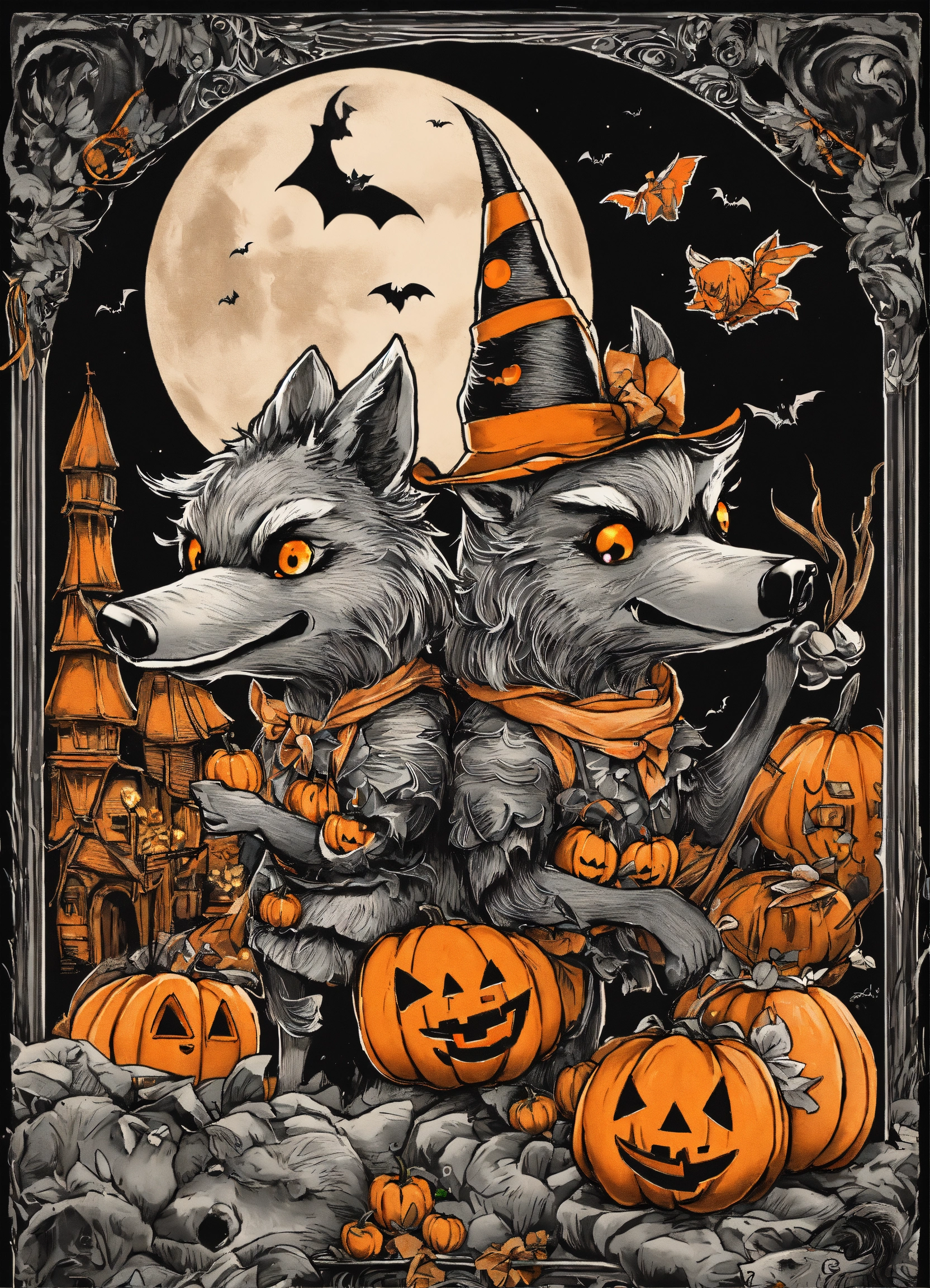 Lexica - Tattoo style image of the wolf and the three little pigs in ...