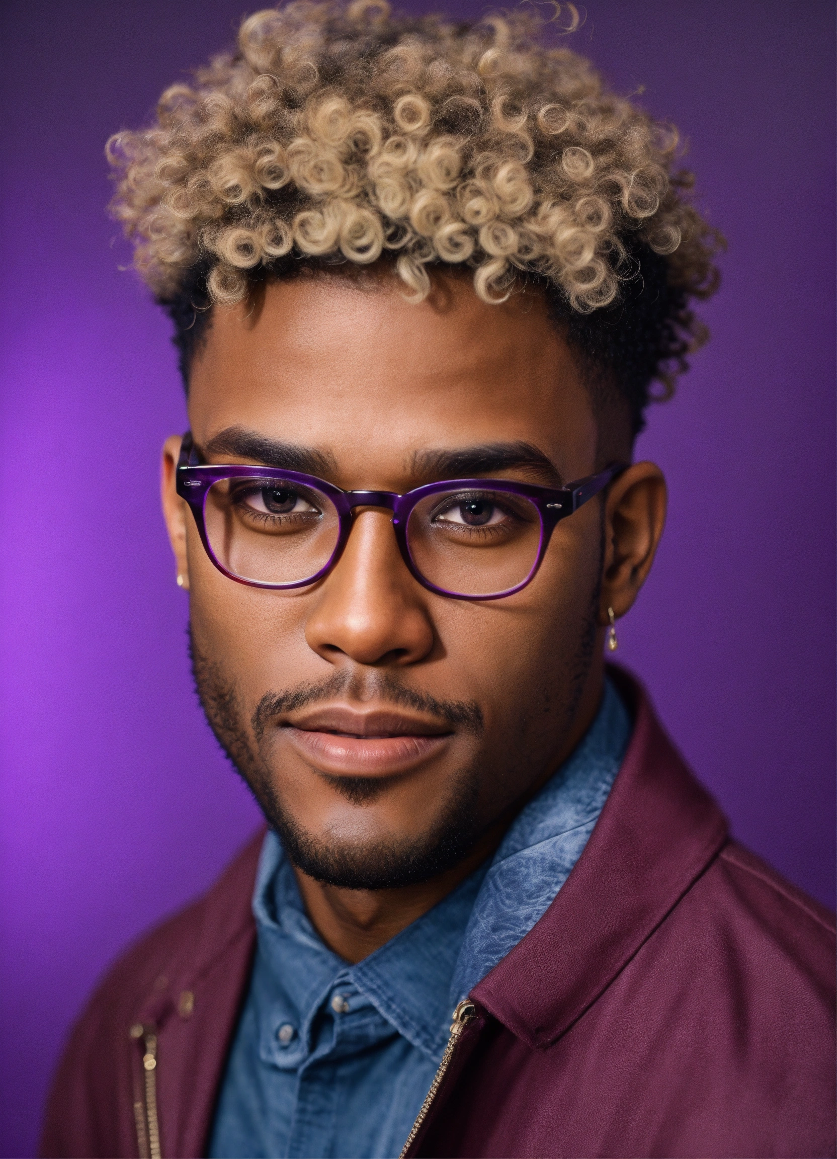 Lexica - Black man, light skin, curly purple hair, hazel eyes, wearing  glasses