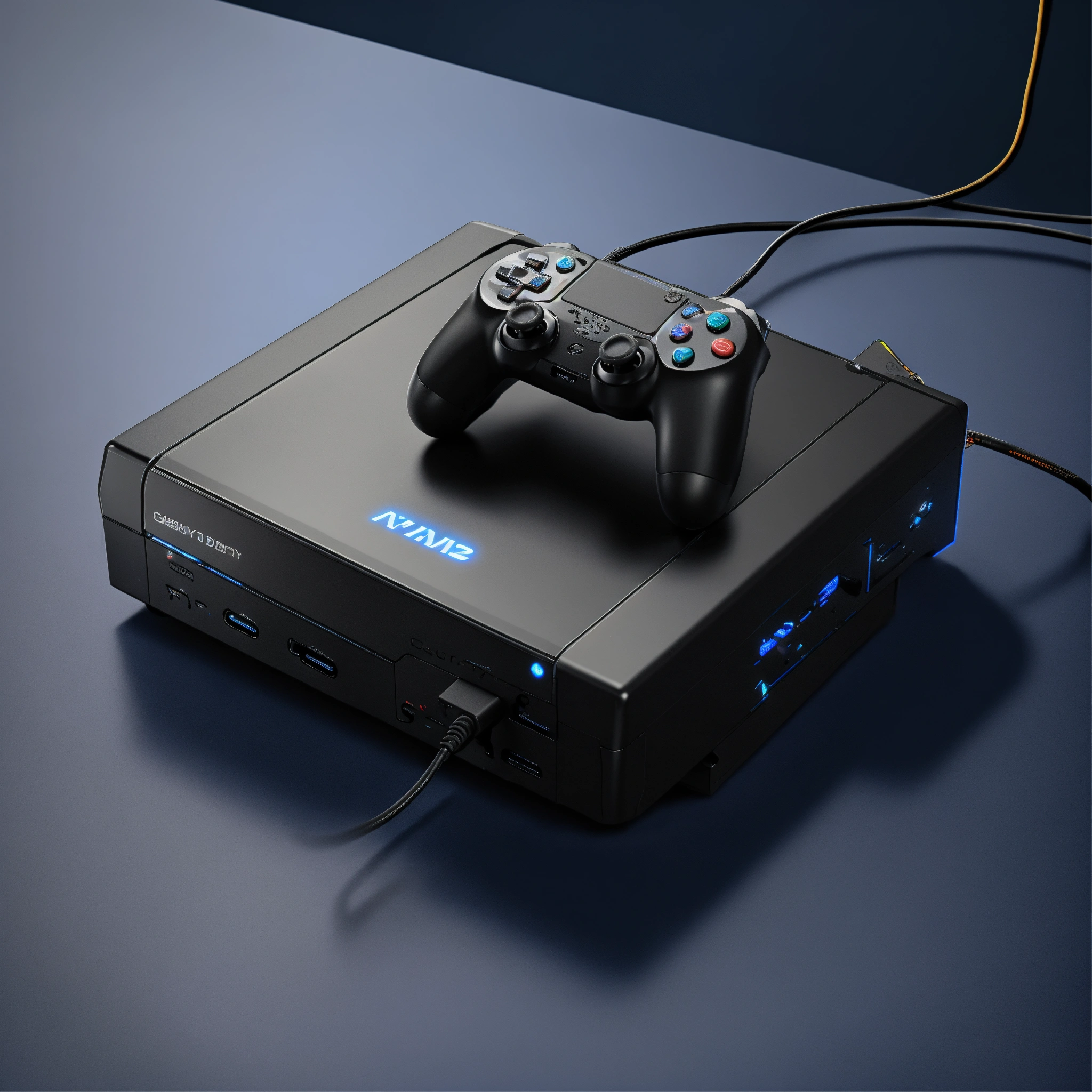 Lexica - A photo of a gaming console. The console is a black box with a ...