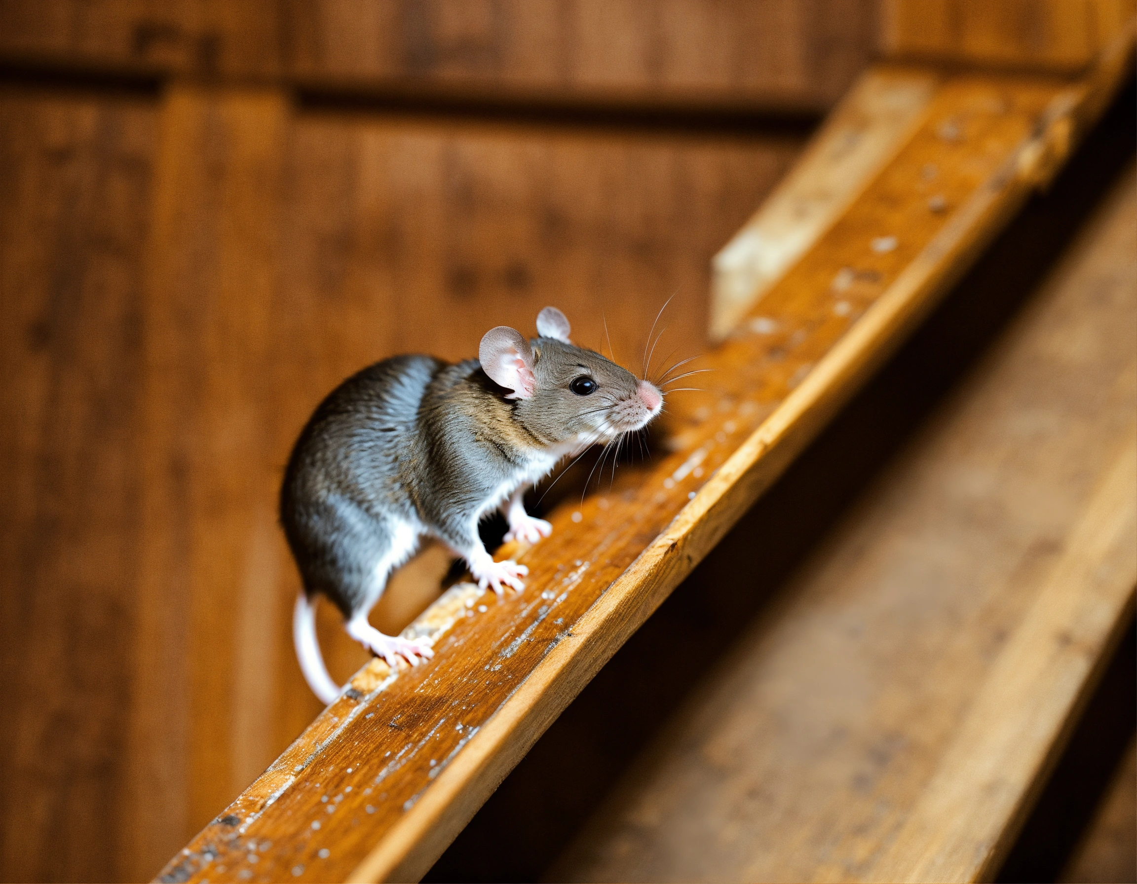 Lexica - A mouse on a wooden rung of an attic staircase