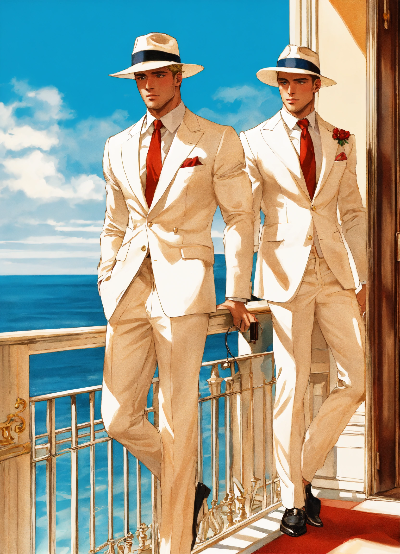 Lexica Two blonde muscled sportsmen in white summer suit red