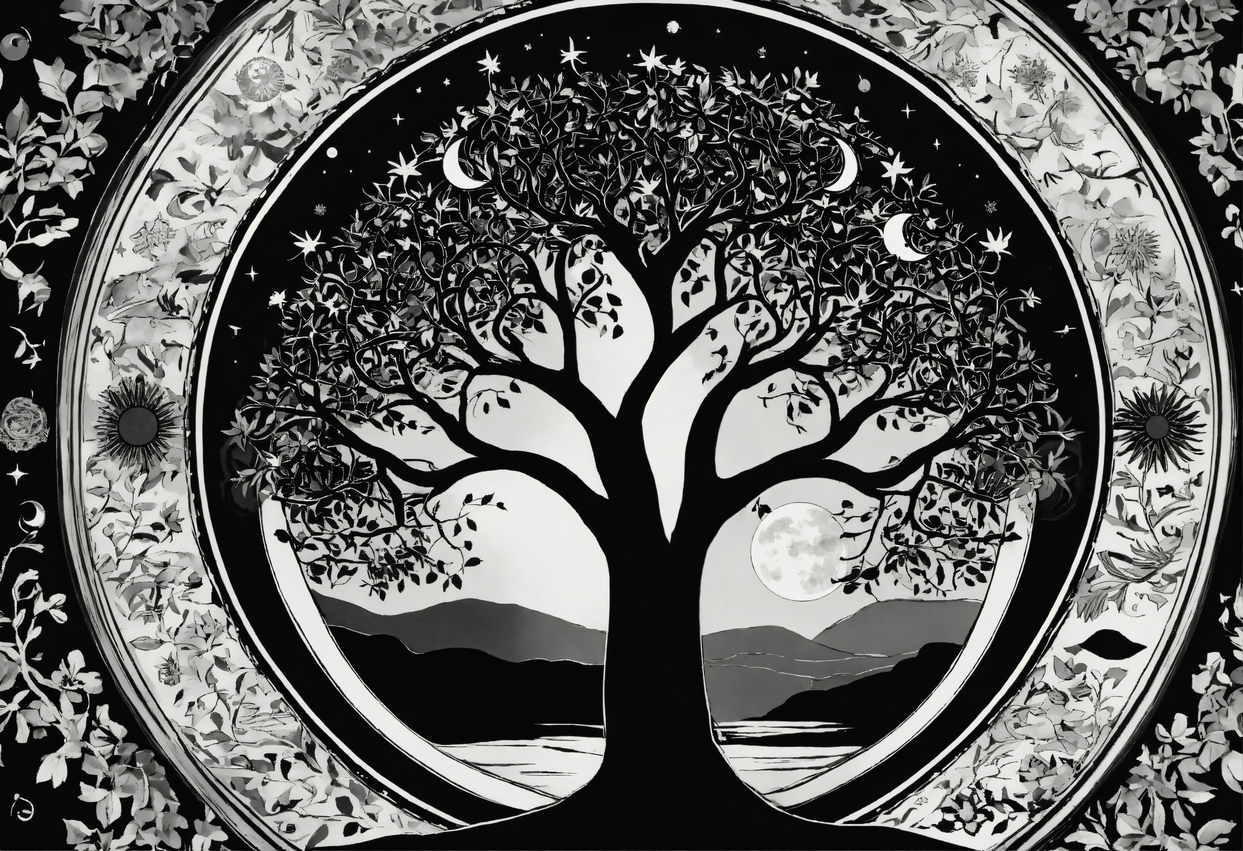 Lexica - Tree of life black and white no leaf with moon sun and stars