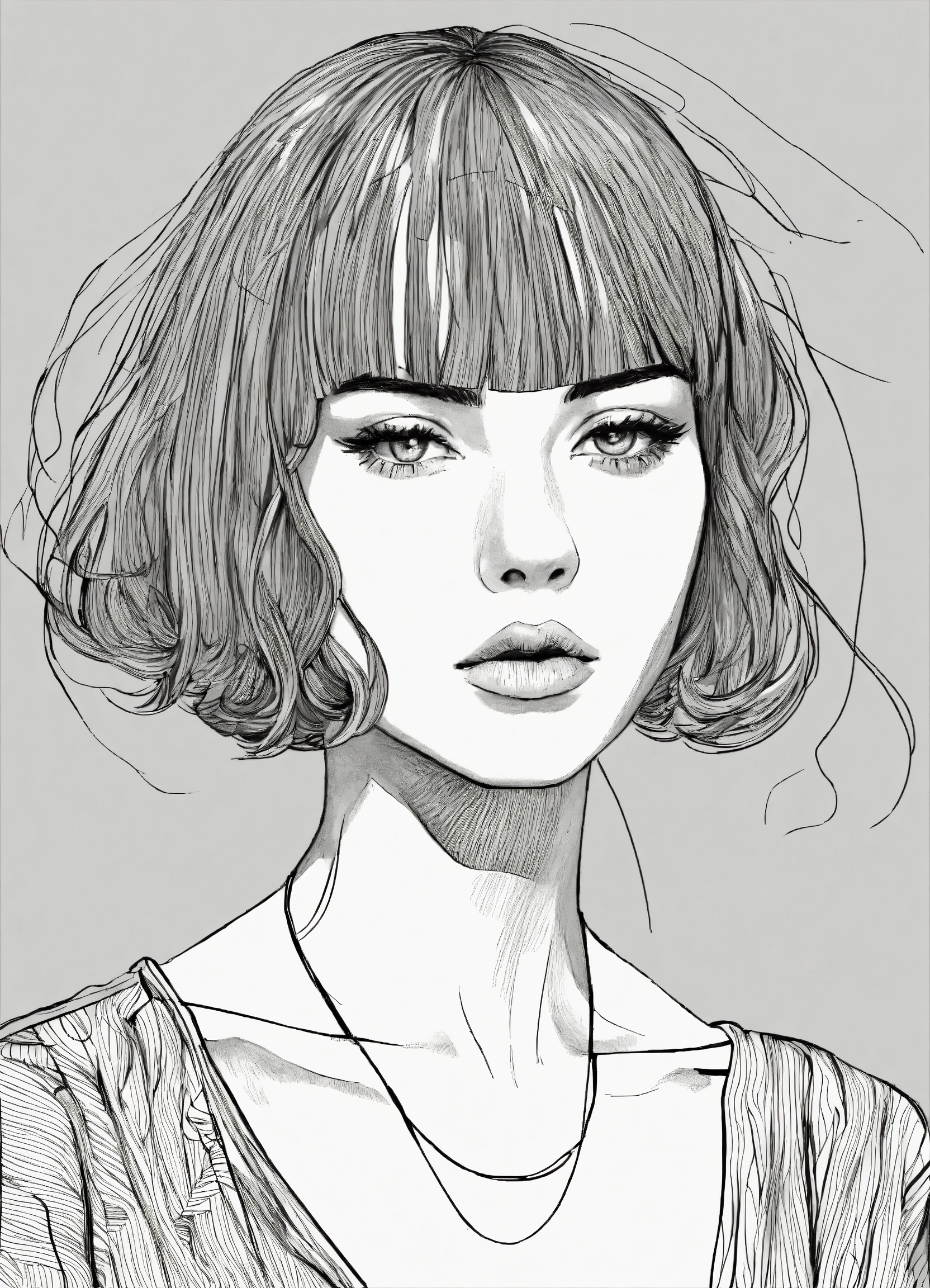 Lexica - Black and white line drawing, skinny woman, bob with bangs ...