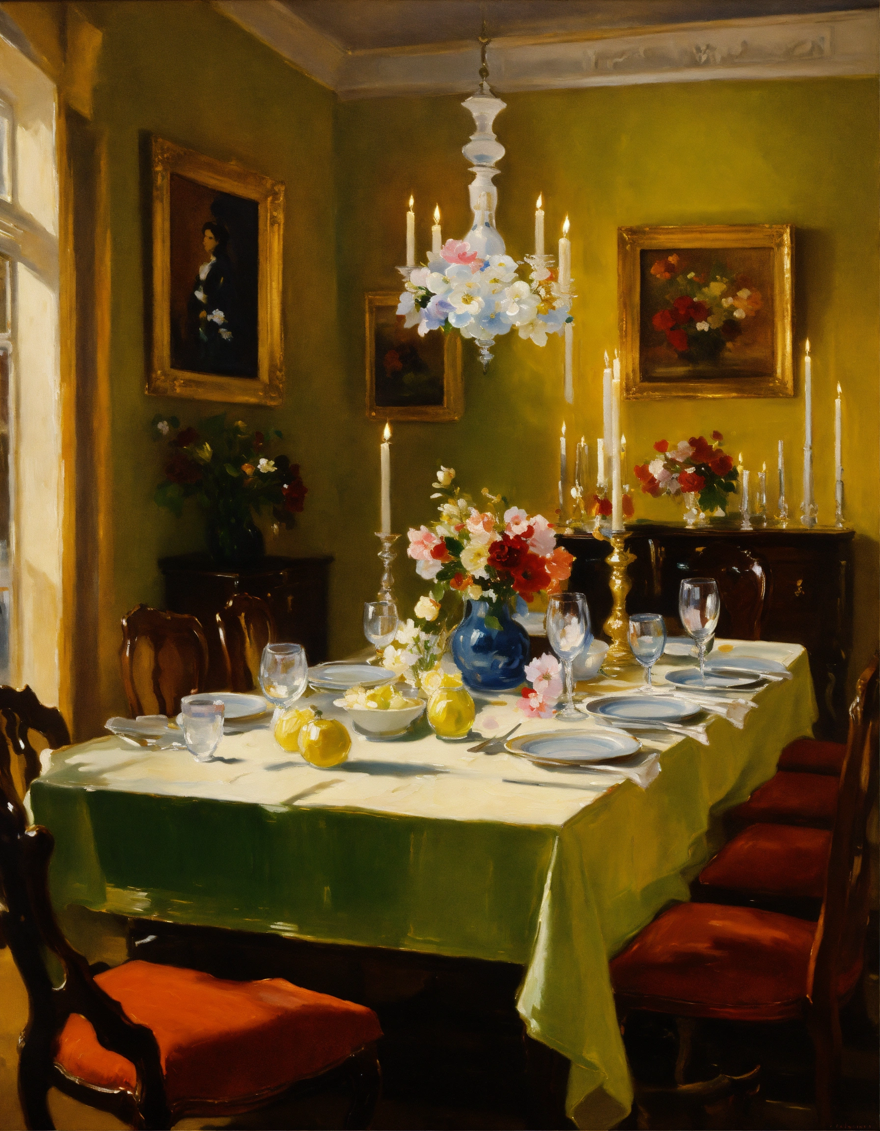 Lexica - Oil painting of a dining room table, lit candles, fork and knife, plates, glassware ...