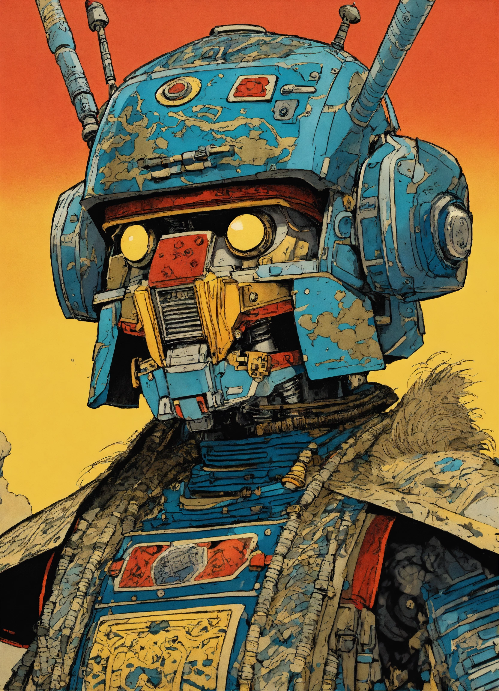 Lexica - Detailed pen and ink illustration of a samurai robot, head ...