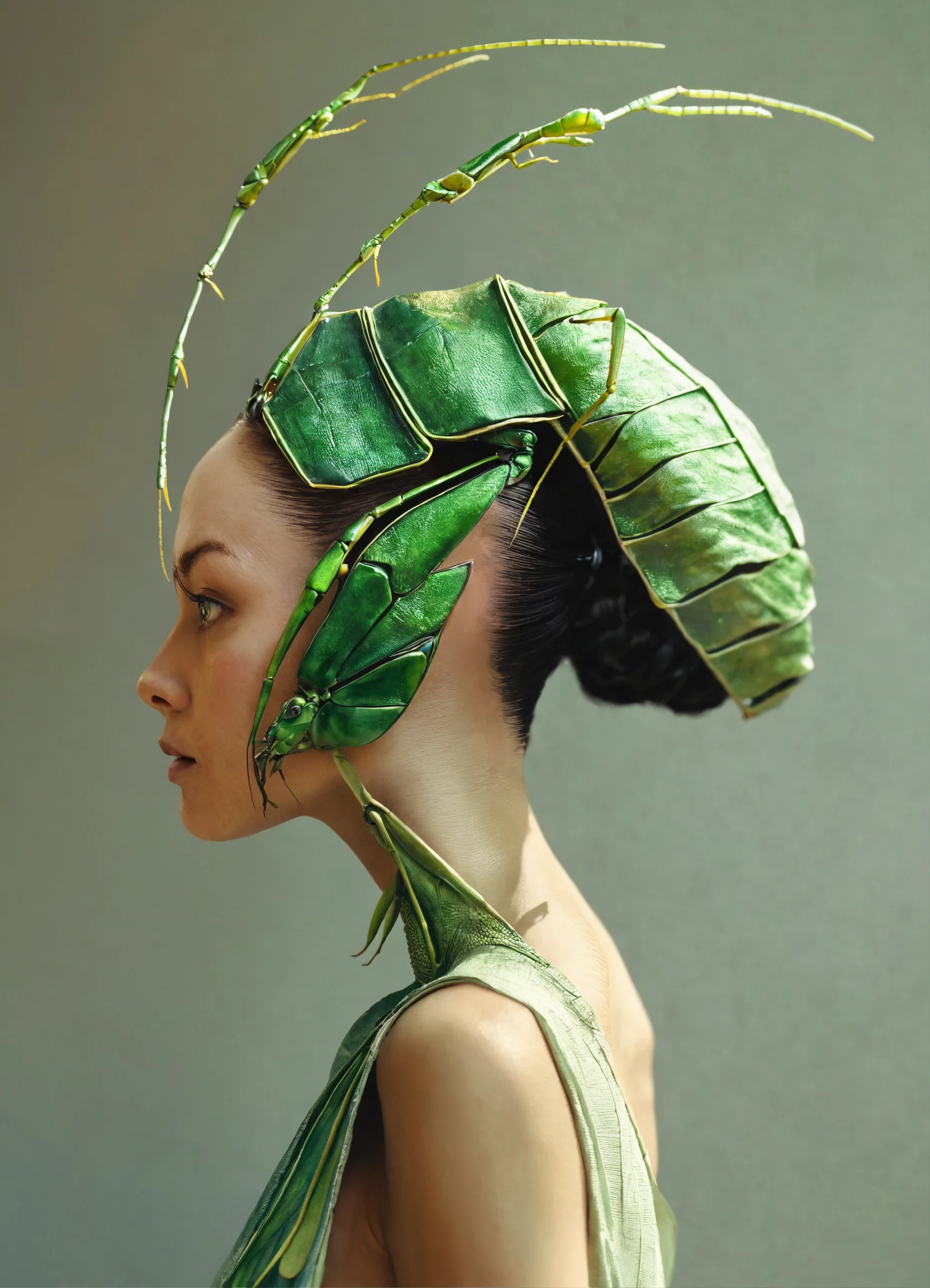 Lexica - A woman with hairstyle made from fictional artistic Mantis