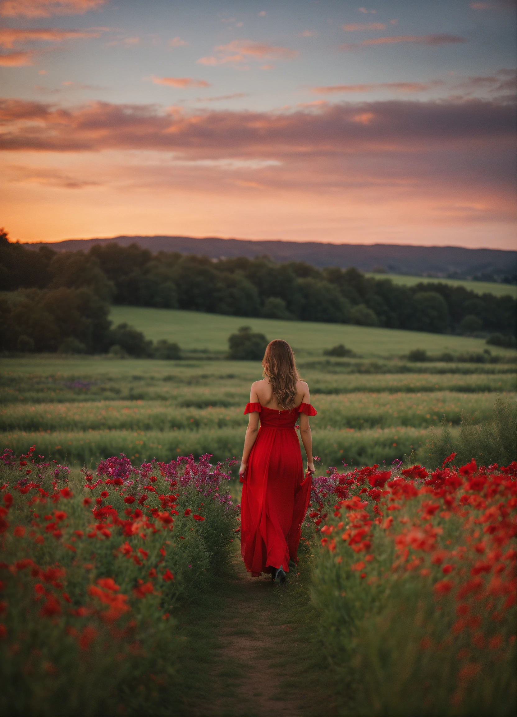 Lexica - A Woman in a red dress walking at dusk through a field with ...