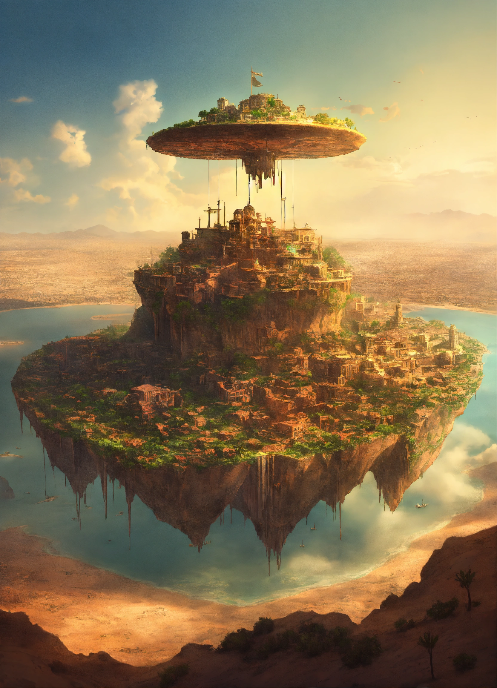 Lexica - A flying island with a city on top in the middle of the desert ...