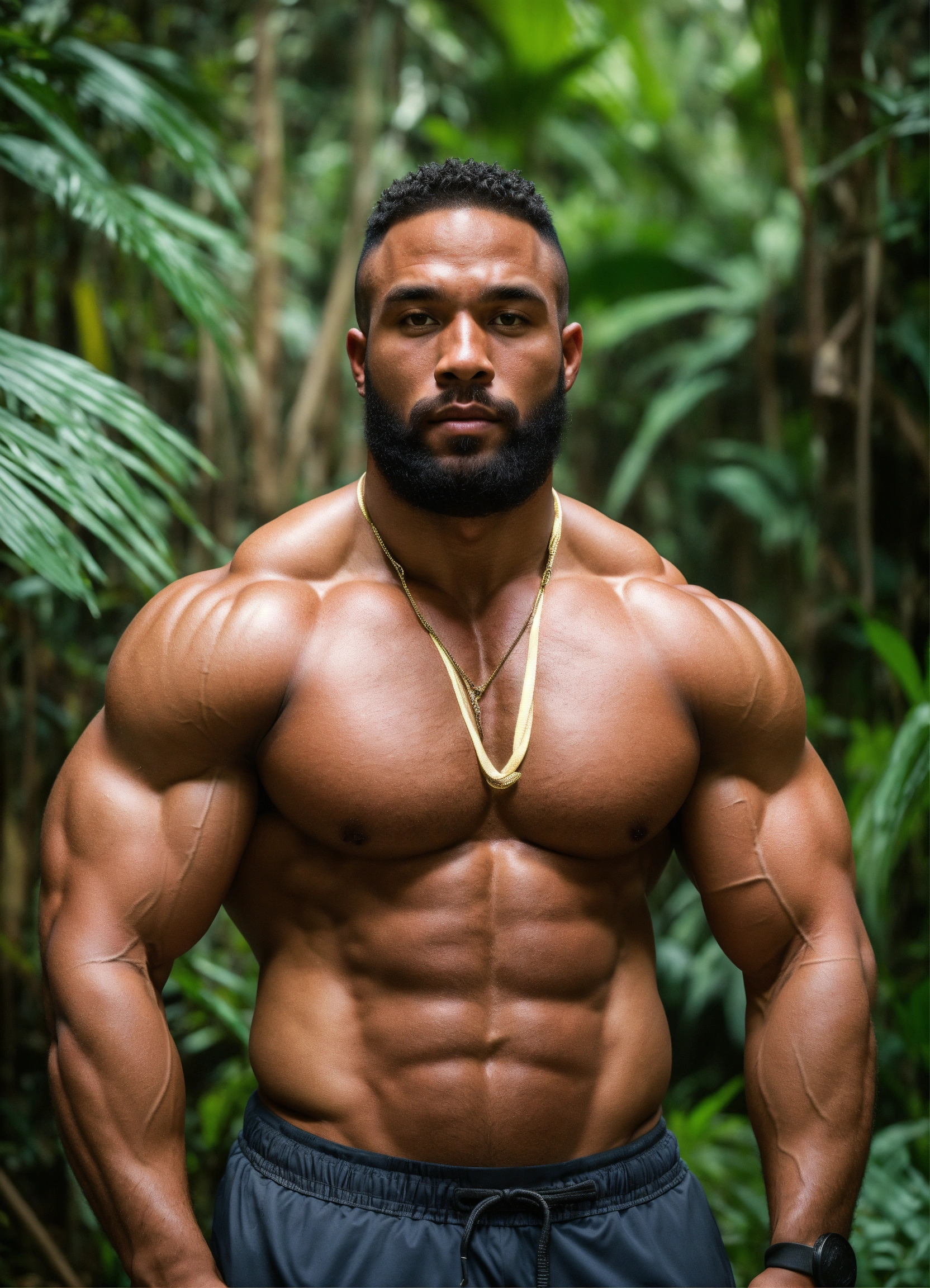 Lexica - 30-year-old man with big muscles, big bodybuilder, Barbadian, body  like a wrestler, in a jungle