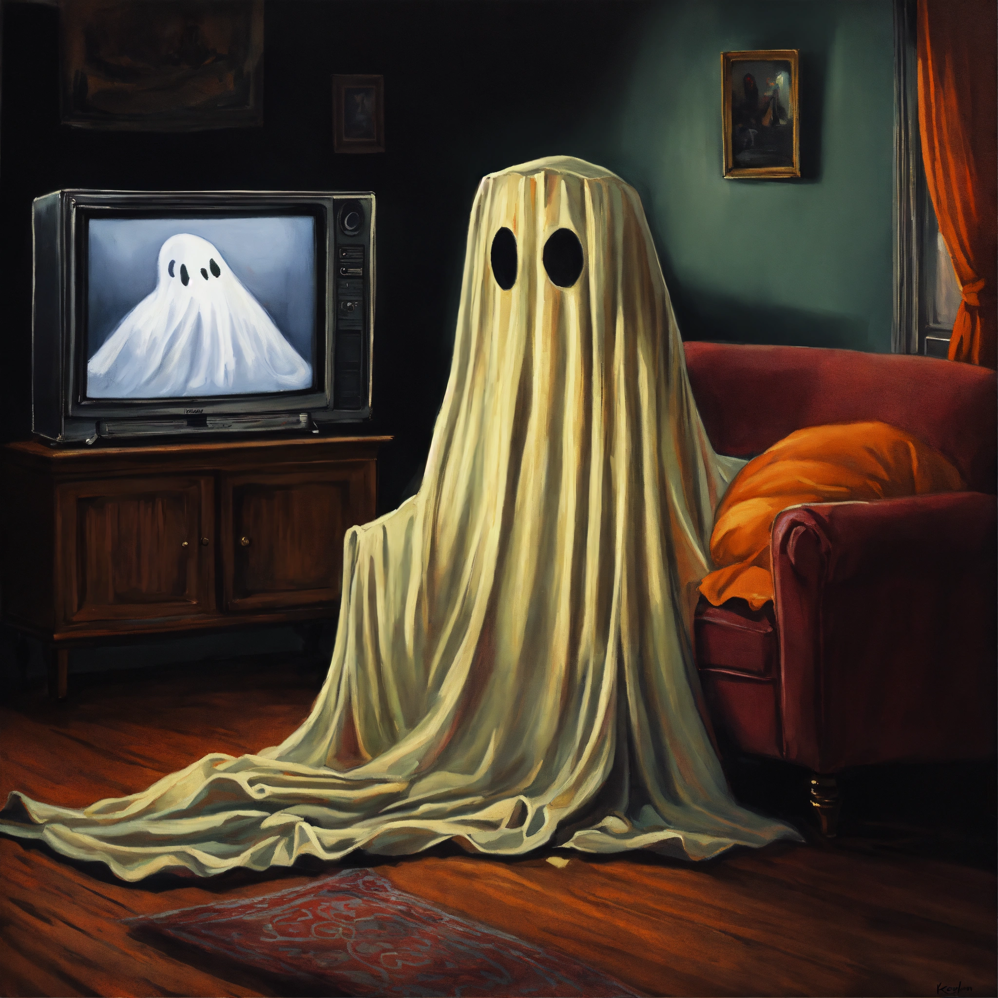 Lexica - A painting of a bedsheet ghost watching scary movies on a ...