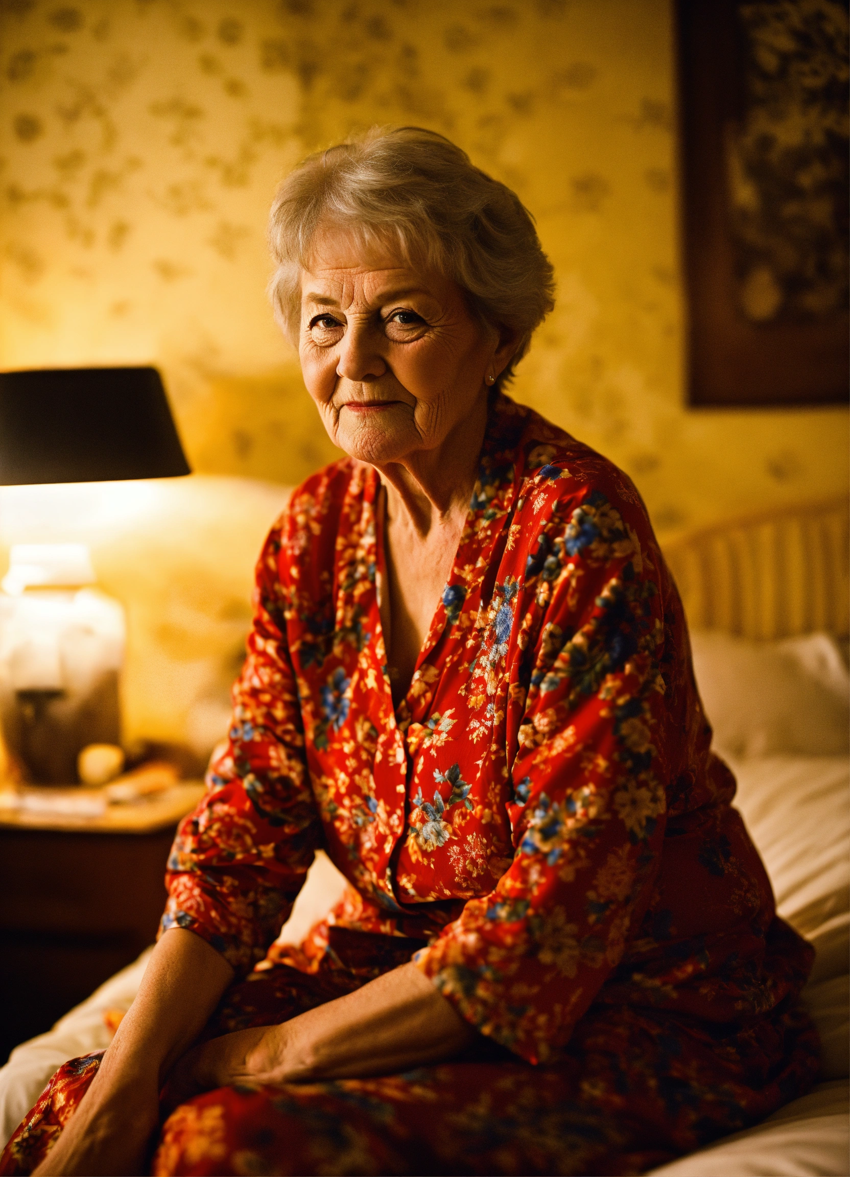 Lexica - British grandma, aged 70, she is sat on her bed looking promiscuous