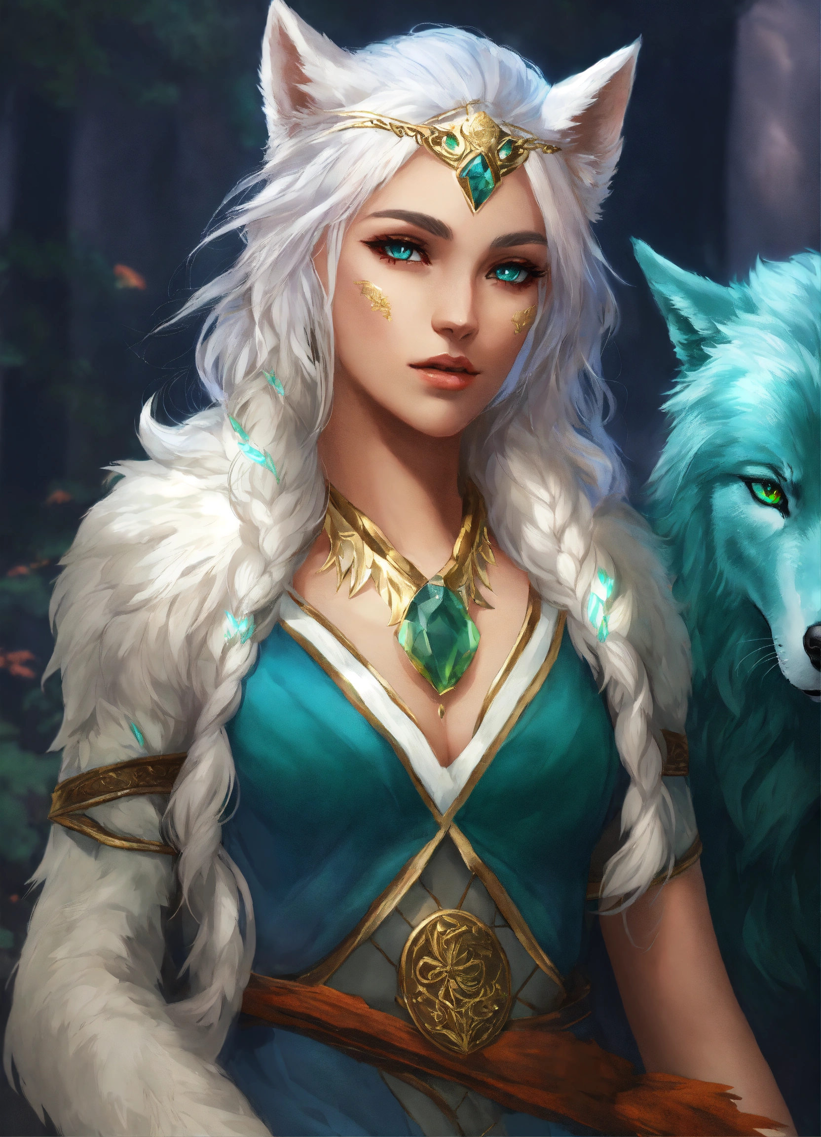 Lexica - Aasimar, female, Druid, gold eyes, white hair, blue-green skin ...