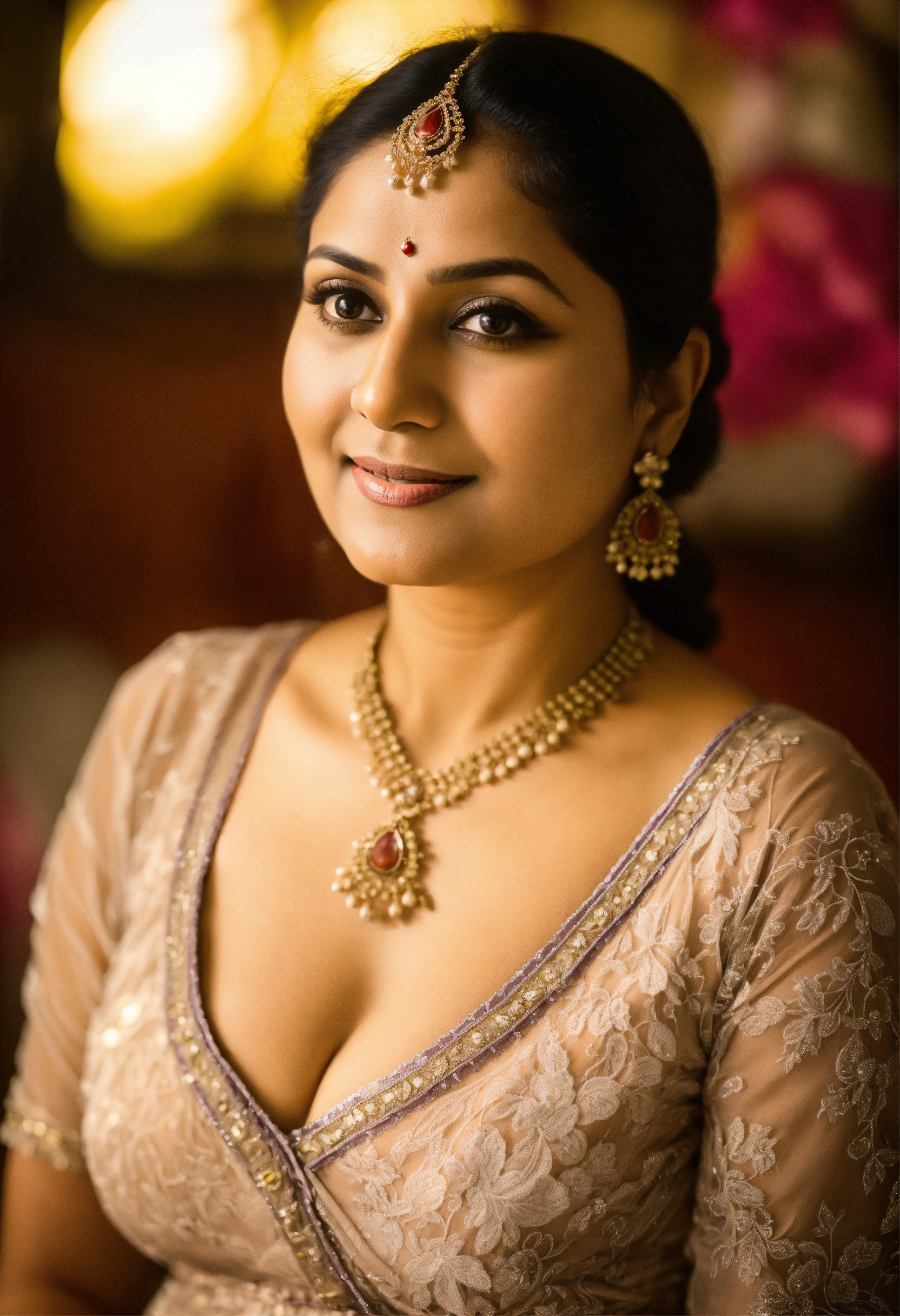 Lexica - A cute Indian aunty without any jewellery, wearing see through  lacy dress, without bra, without barely dressed, wide-angle shot