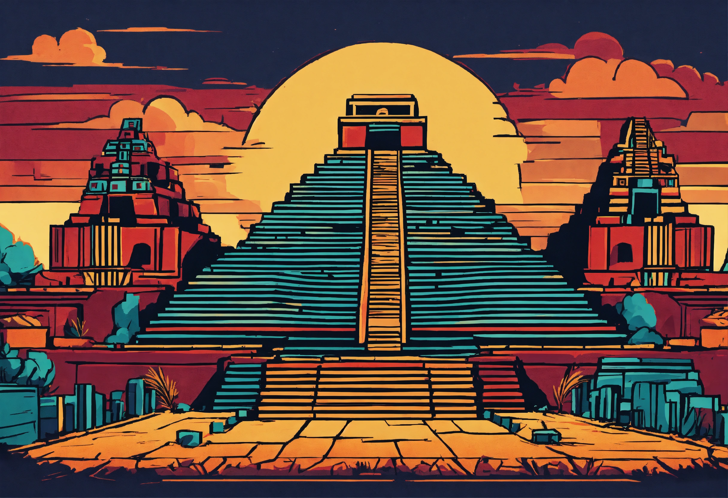 Lexica - Graphic stylized drawing of aztec city in 4 colors, 8k