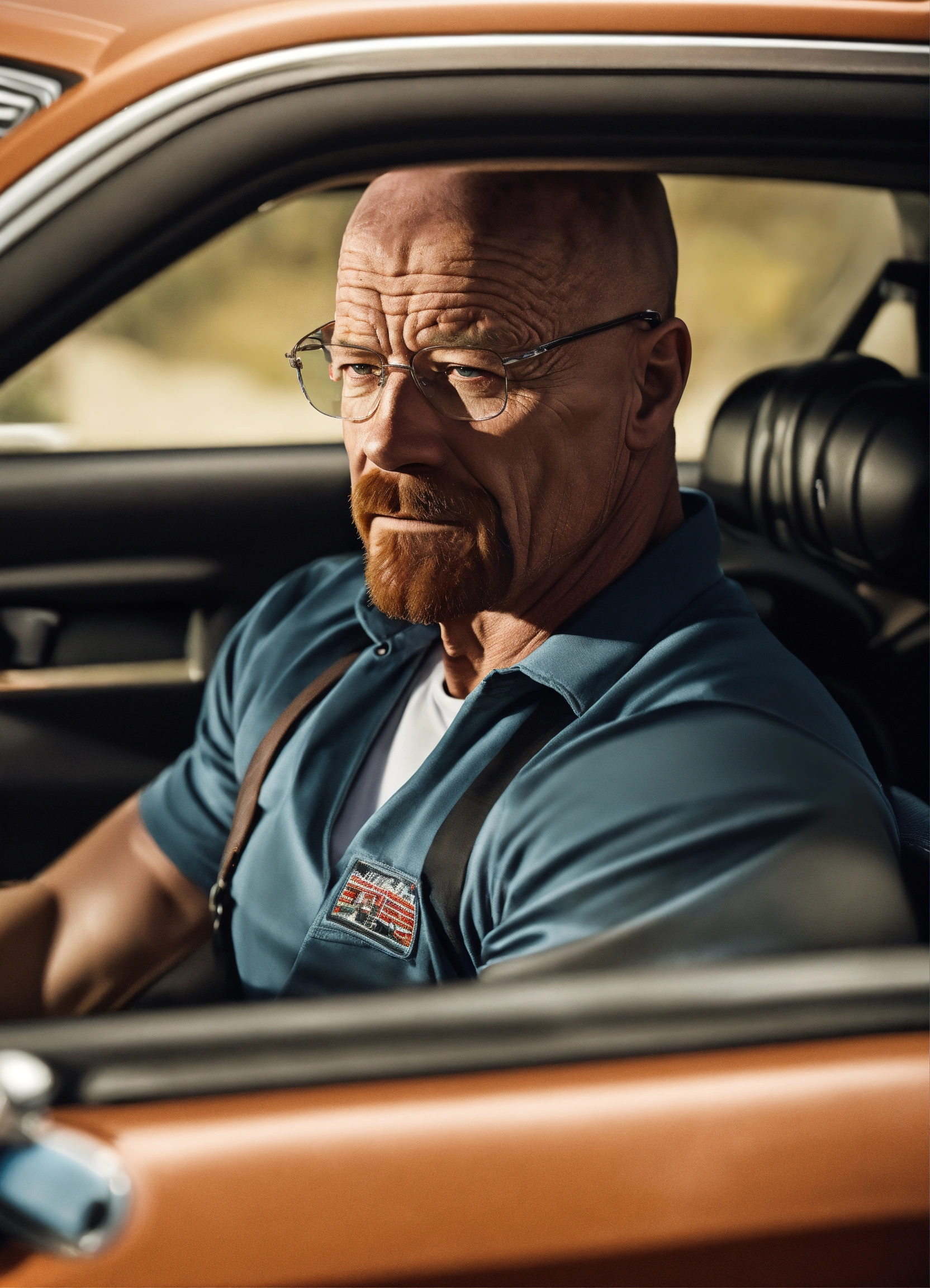 Lexica - Close up on Bodybuilder Walter White driving a car