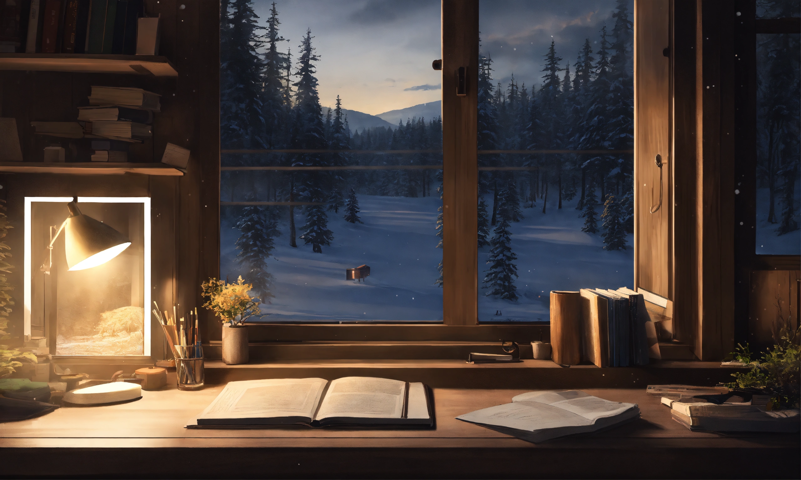 Lexica - Study desk in nordic cabin, studio ghibli, anime, wooden walls ...