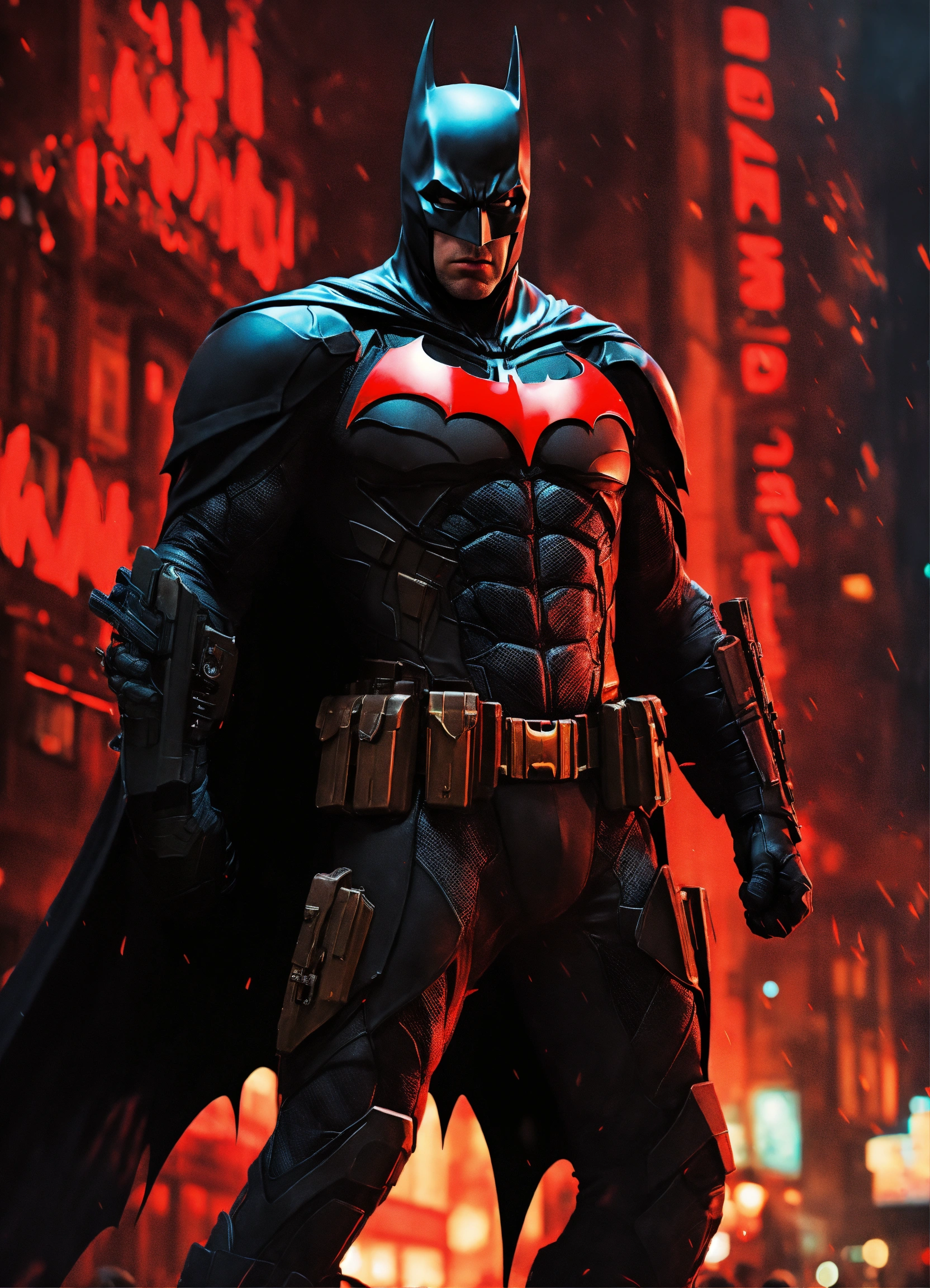 Lexica - Batman traje negro con rojo y arma en la mano realista hd