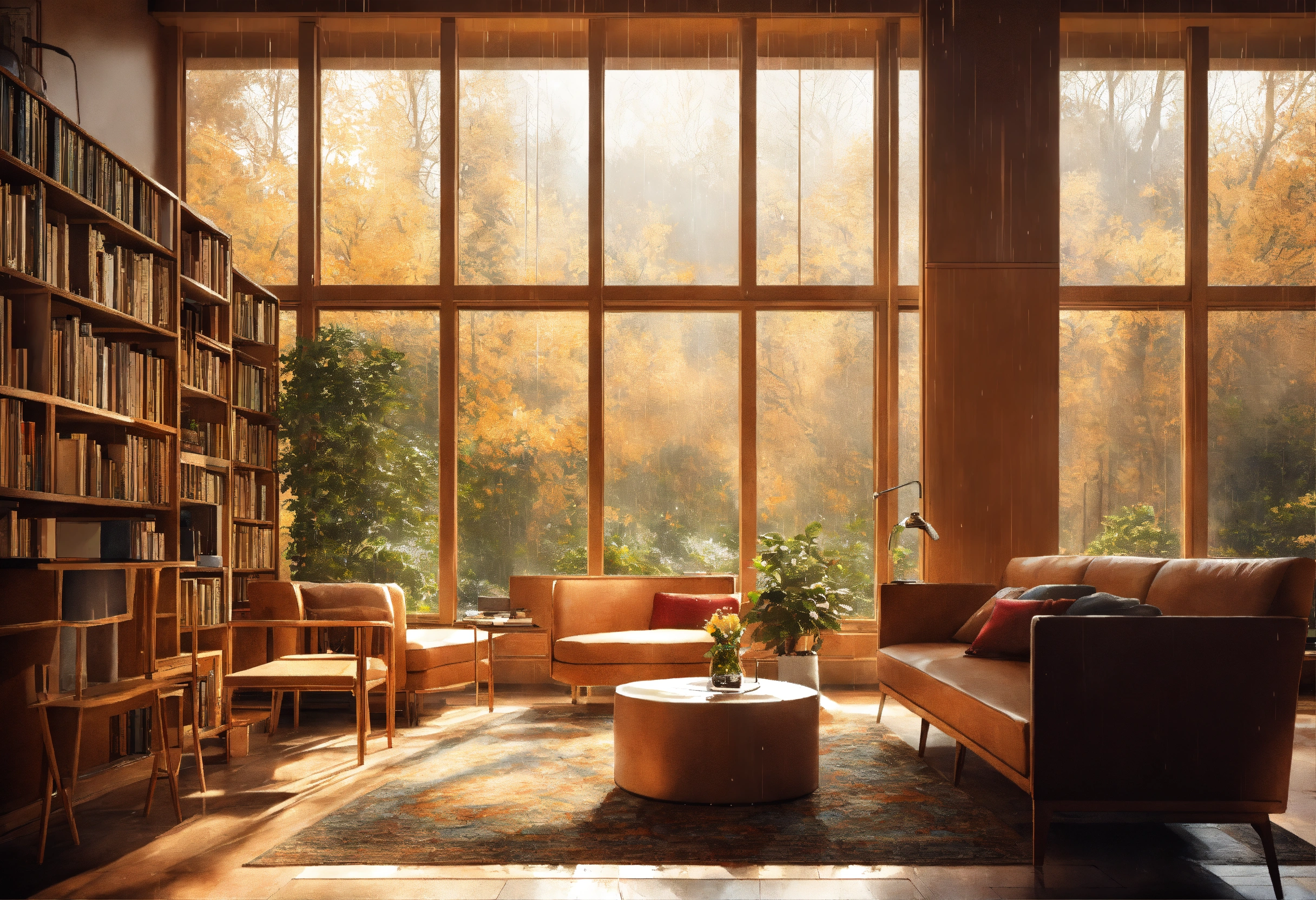 Lexica - A warm modern library interior. It’s raining outside, we can ...