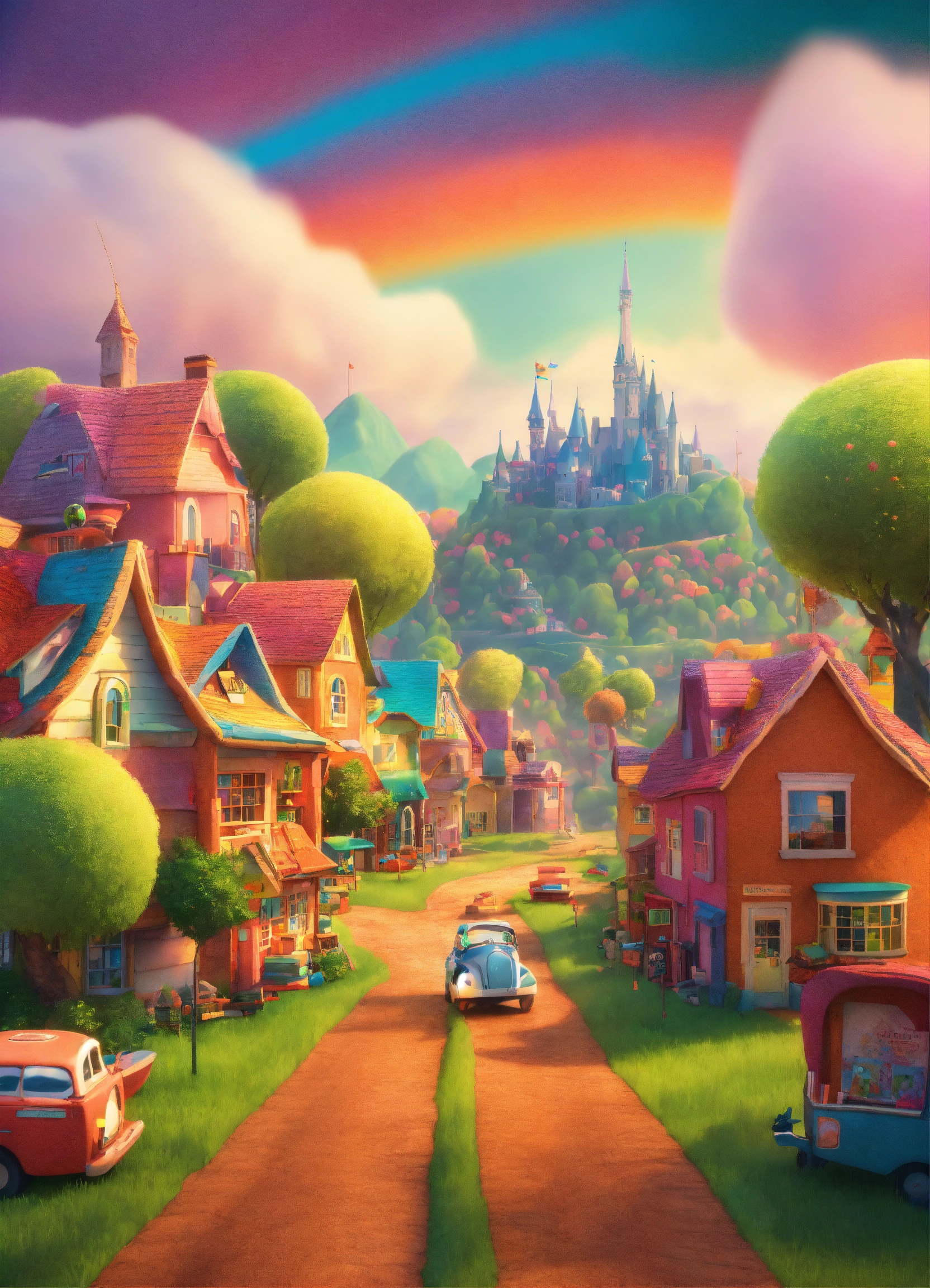 Lexica - Landscape whimsical with road and little town OF crayons AND