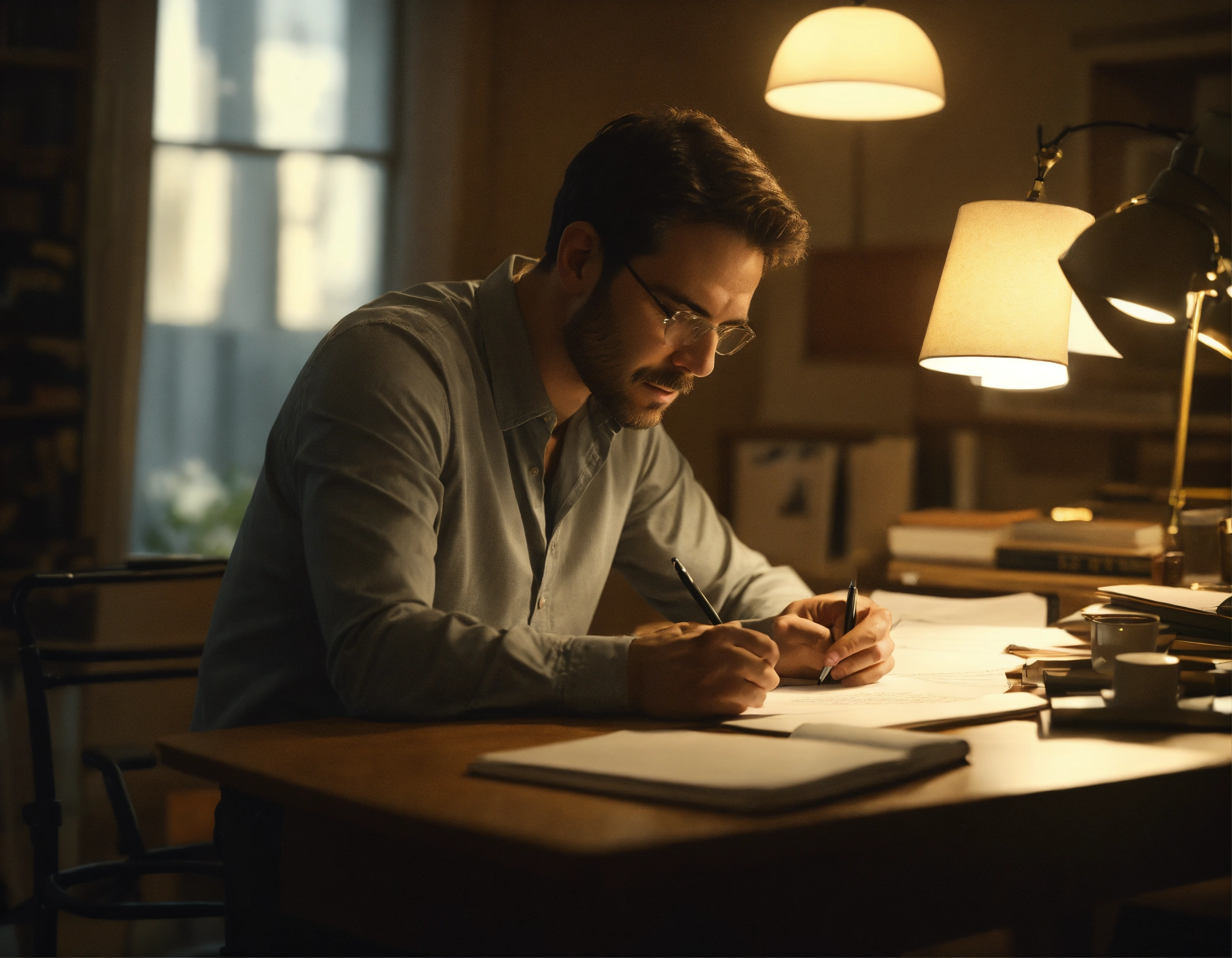 Lexica - The man is a screenwriter, sitting at his desk in his office ...