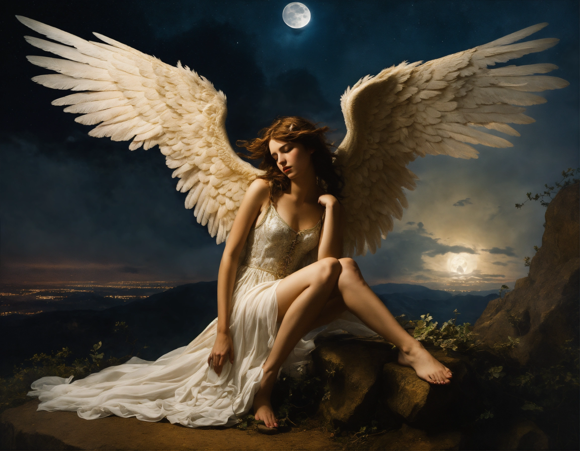 Lexica - Tempted fallen angel with feathered wings in Heaven ...