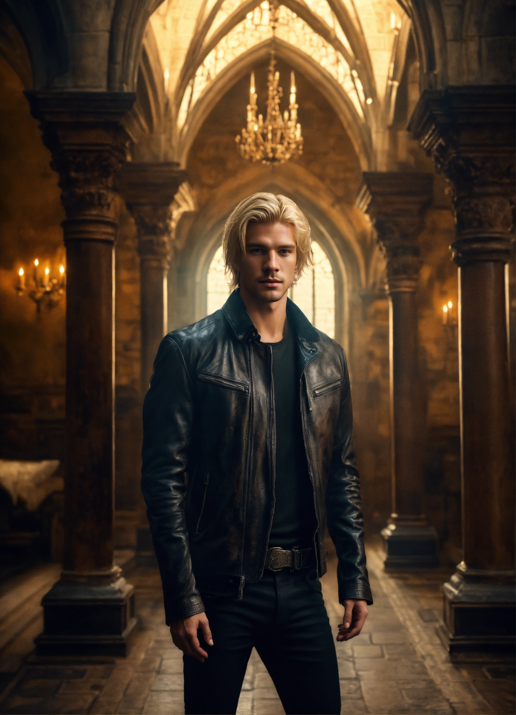 Lexica - Portrait of a handsome blond-haired man in a leather jacket ...