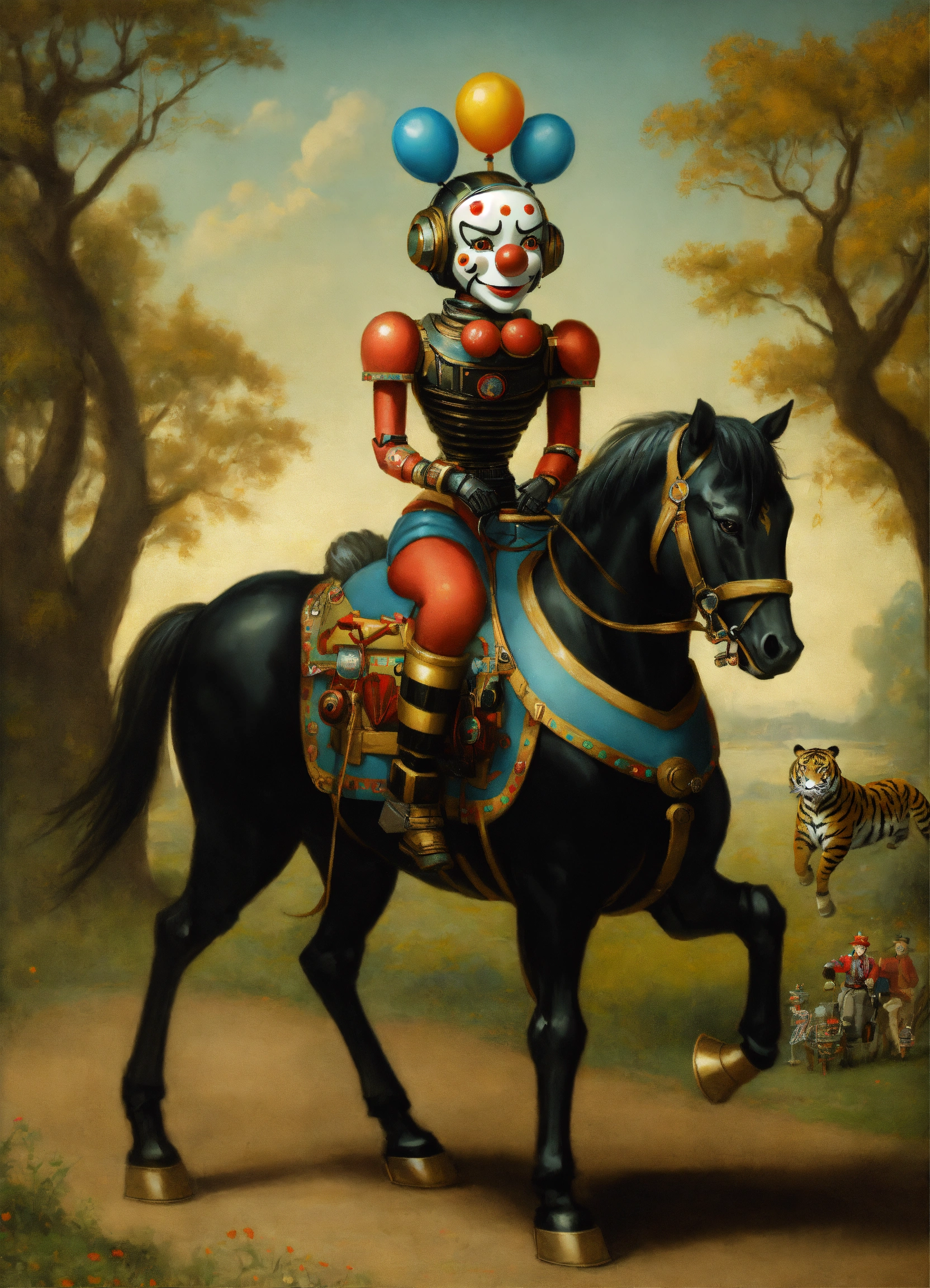 Lexica - A clown robot ride a horse robot tiger black , by Mark Ryden
