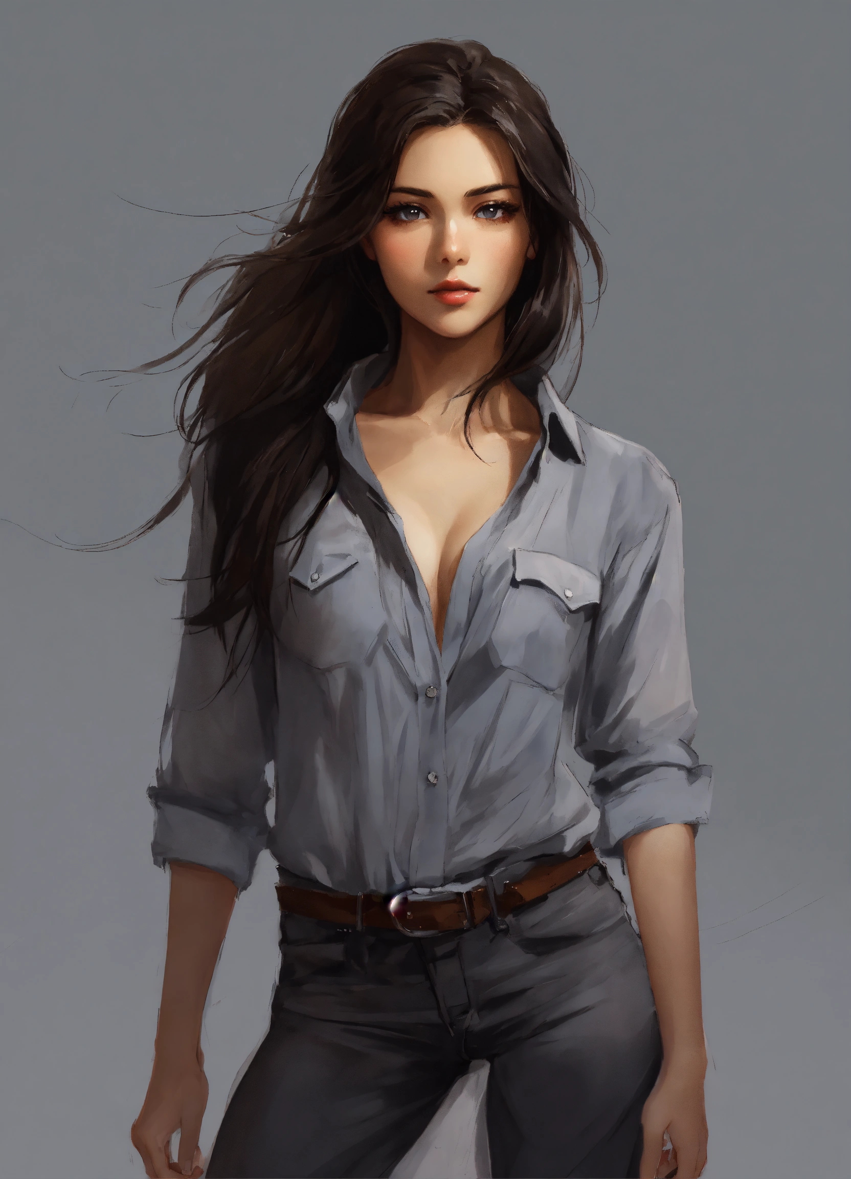 Lexica Portrait Draw Beautiful Girl Dark Hair Gray Eyes Open Shirt She Walks To The Post 8835