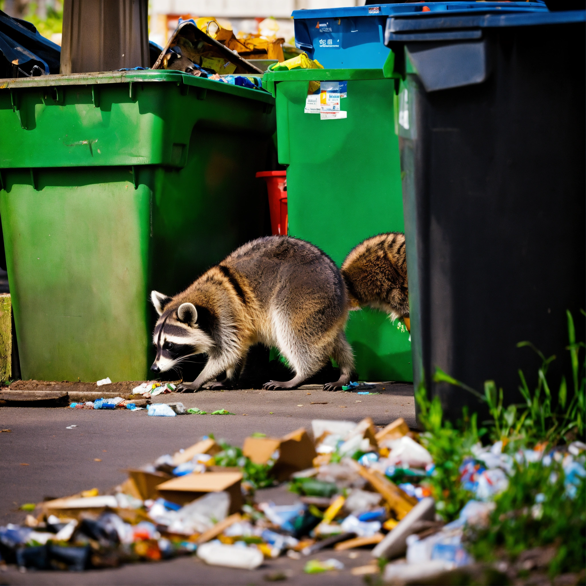 Lexica A photograph of a raccoon digging through recycling bins, surreal