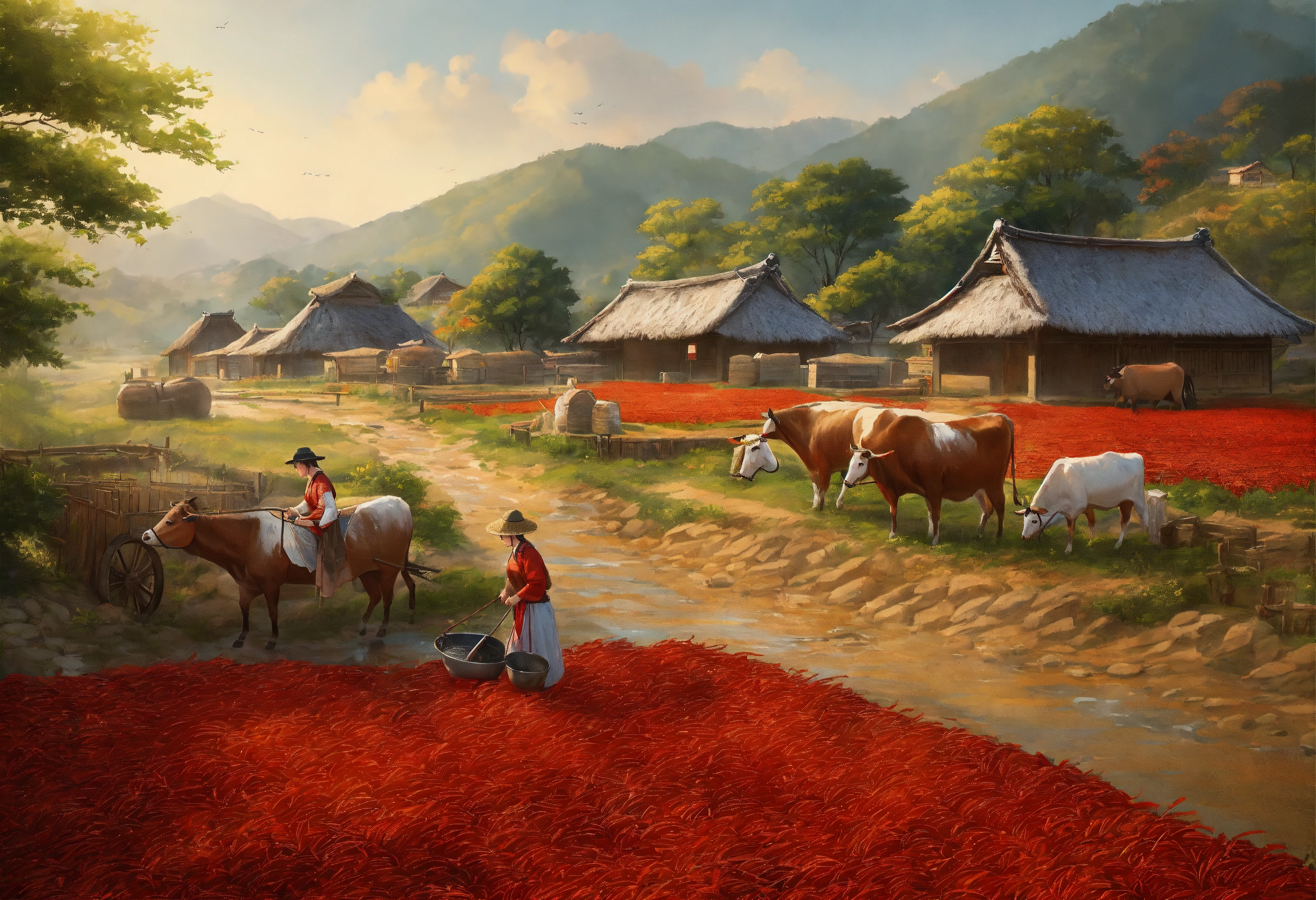 Lexica - A rural landscape in Korea, with thatched huts, a stream, a ...