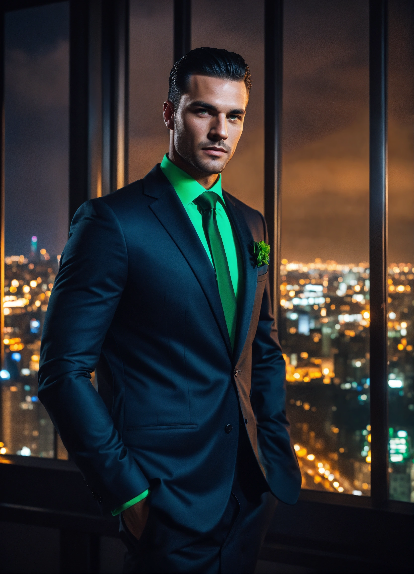 Lexica - A handsome brutal man with dark hair slicked back with green ...