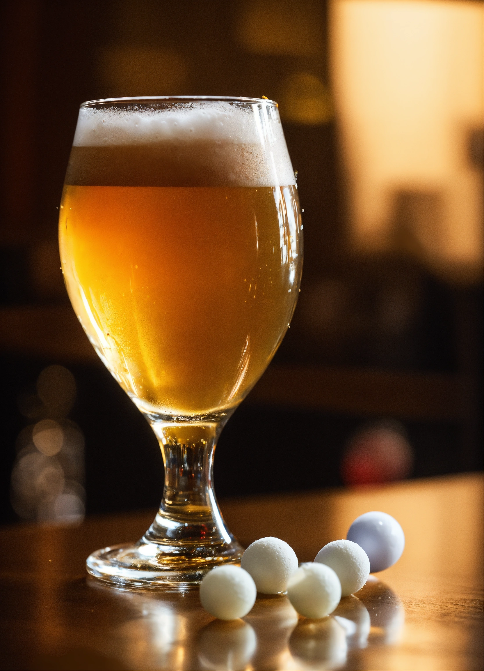 Lexica - A close look of a glass filled with beer, a ping pong ball is ...