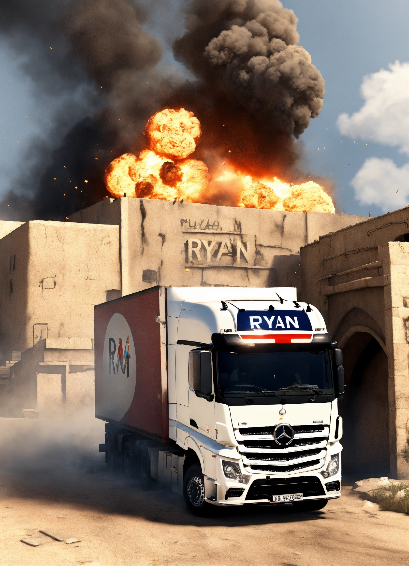 Lexica - A large white Mercedes HGV truck with the word Ryan on it, in ...