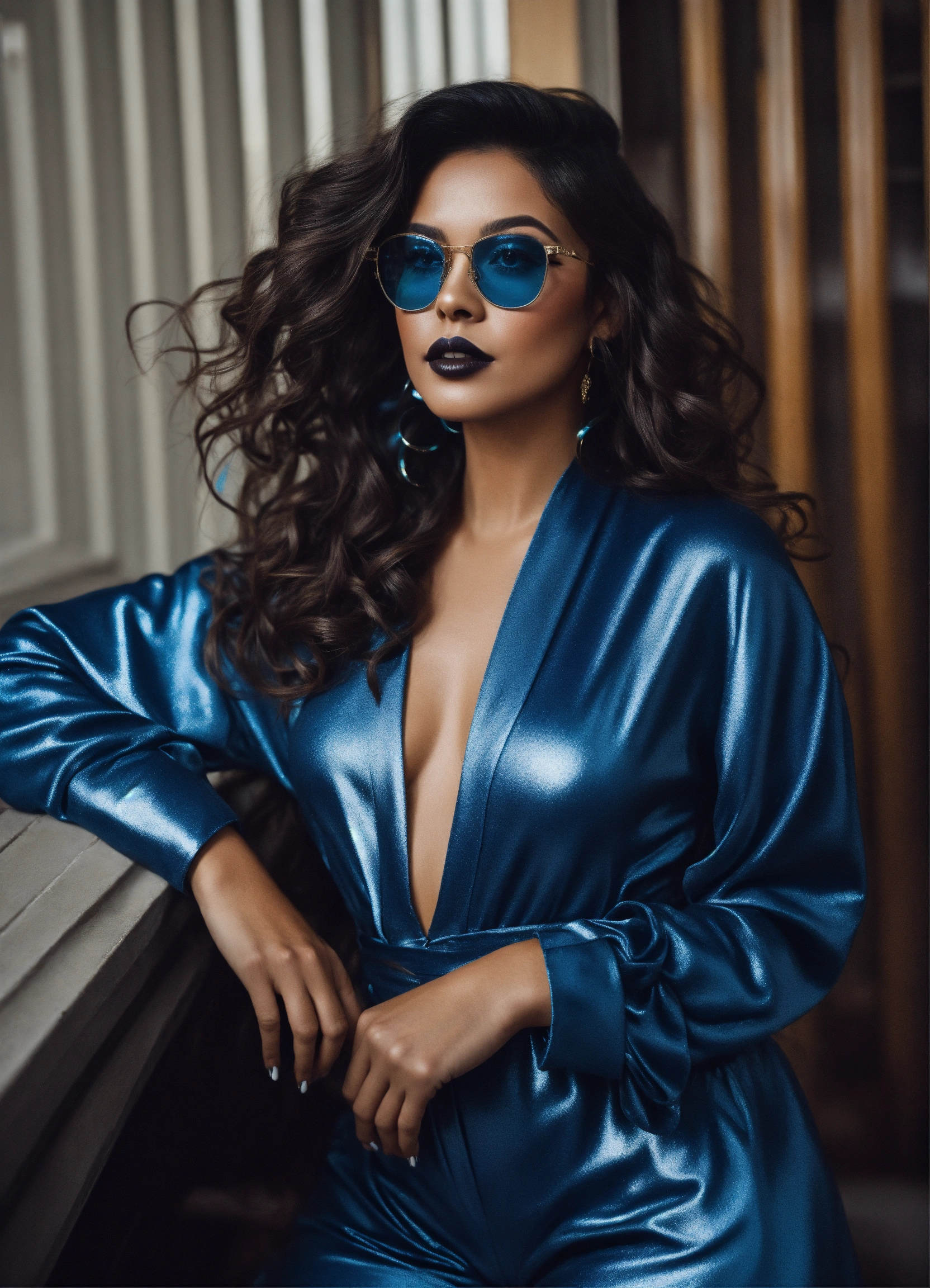 Lexica - Petite latina woman with long wavy voluminous hair wearing  rectangular glasses and blue metallic jumpsuit with white heels and dark  makeup a...