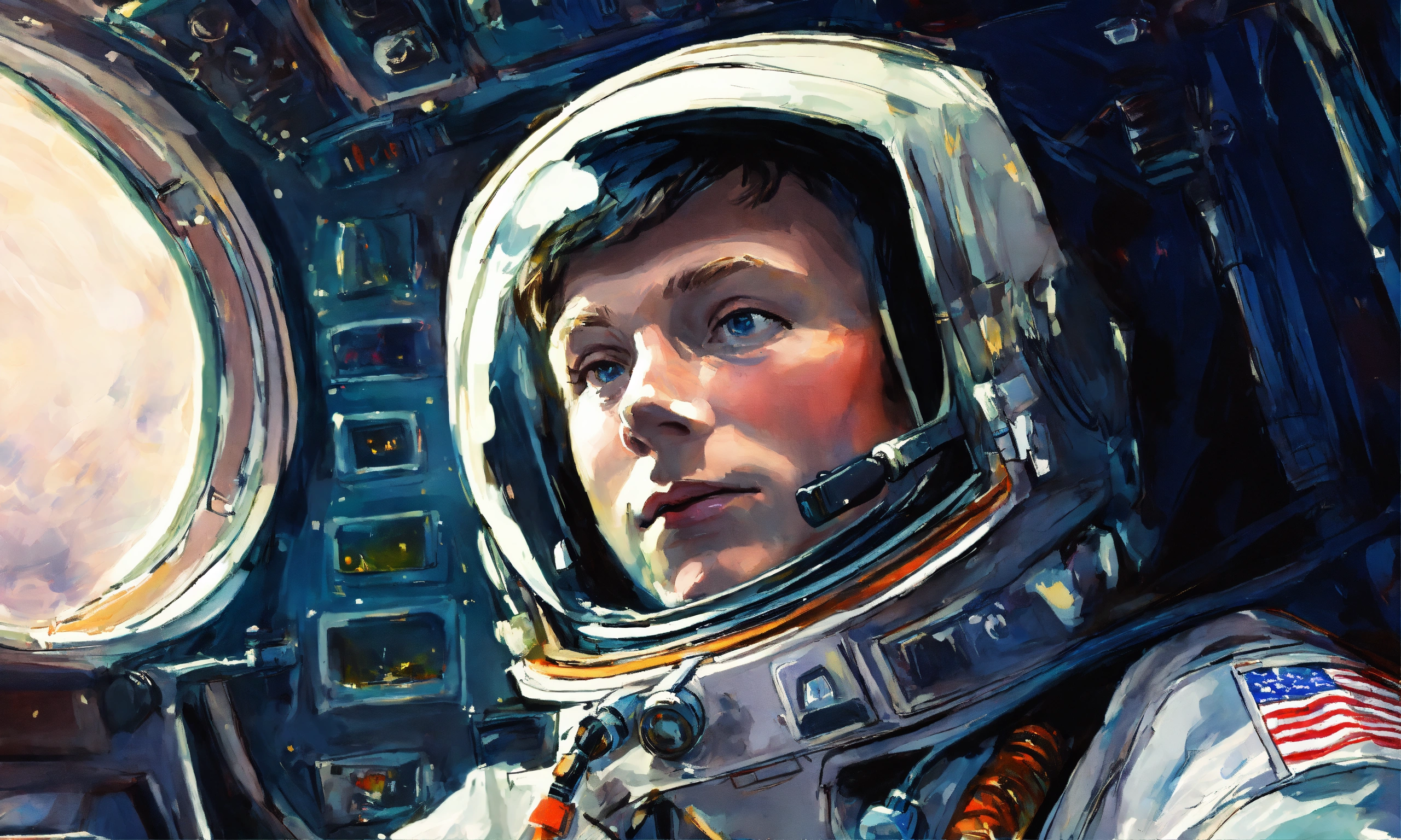 Lexica - Neil Armstrong closeup inside spaceship cockpit, impressionism ...