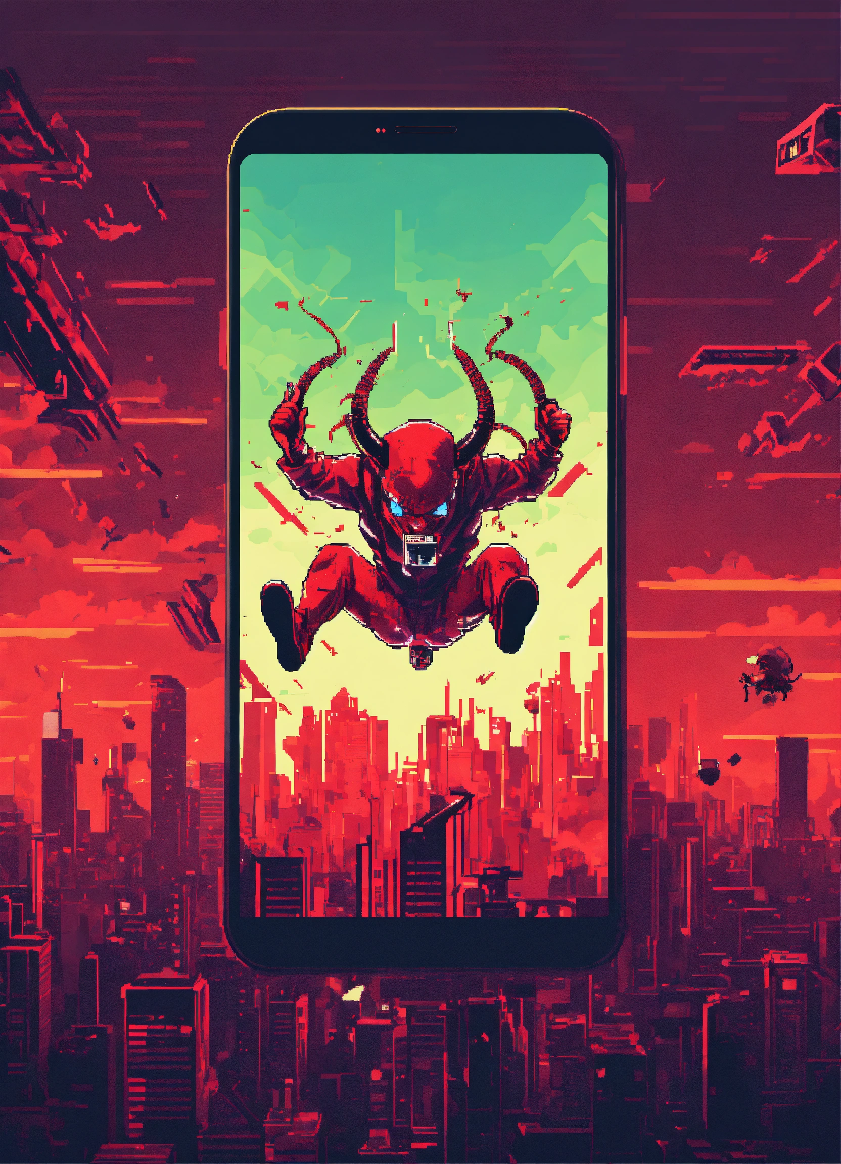 Lexica - Techno devil jumping upside down into smart phone screen cyber ...