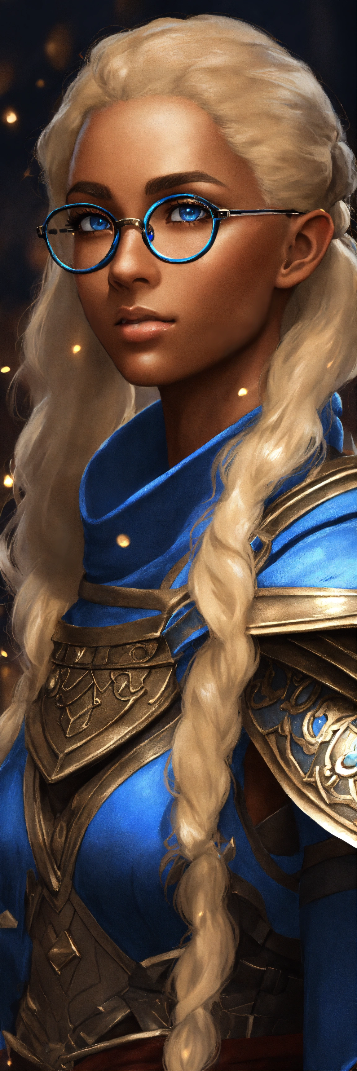 Lexica - A very brown skinned half elf woman, wearing glasses with deep ...