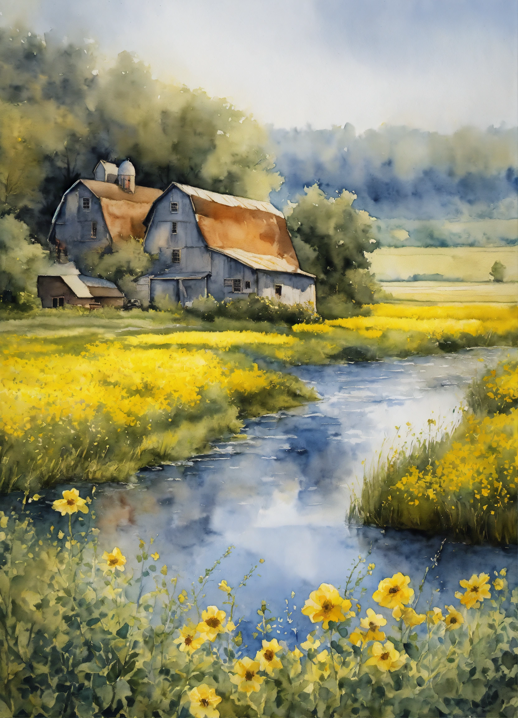 Lexica - Watercolor painting of an Old Farm on a river, blue and yellow ...