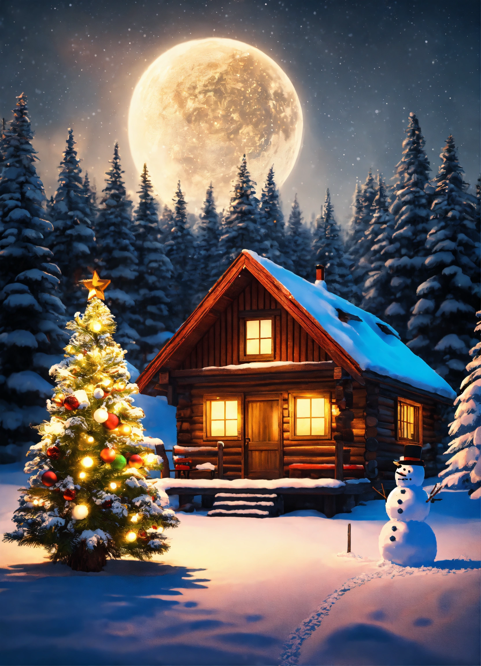 Lexica - Christmas tree and snowman outside a log cabin in a snowy ...