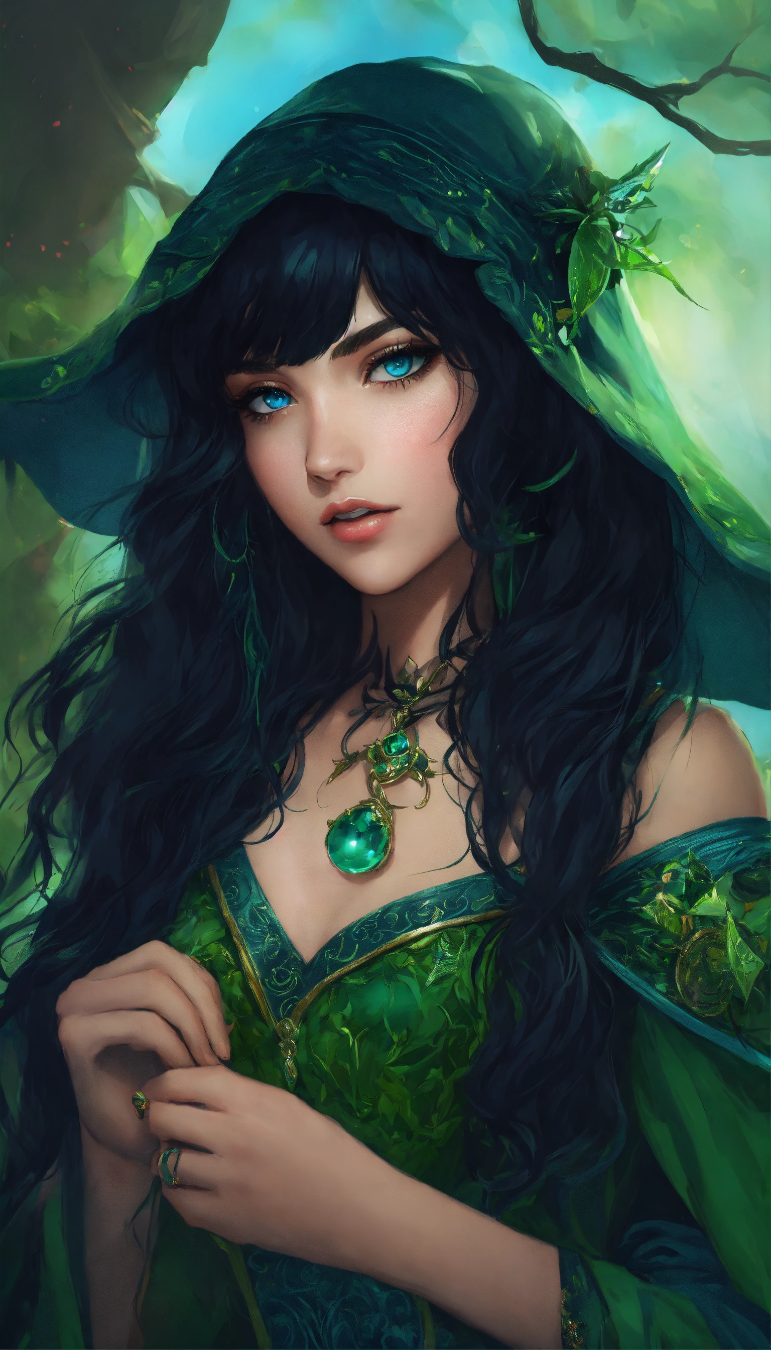 Lexica - A green witch with black hair, and beautiful face with bangs ...
