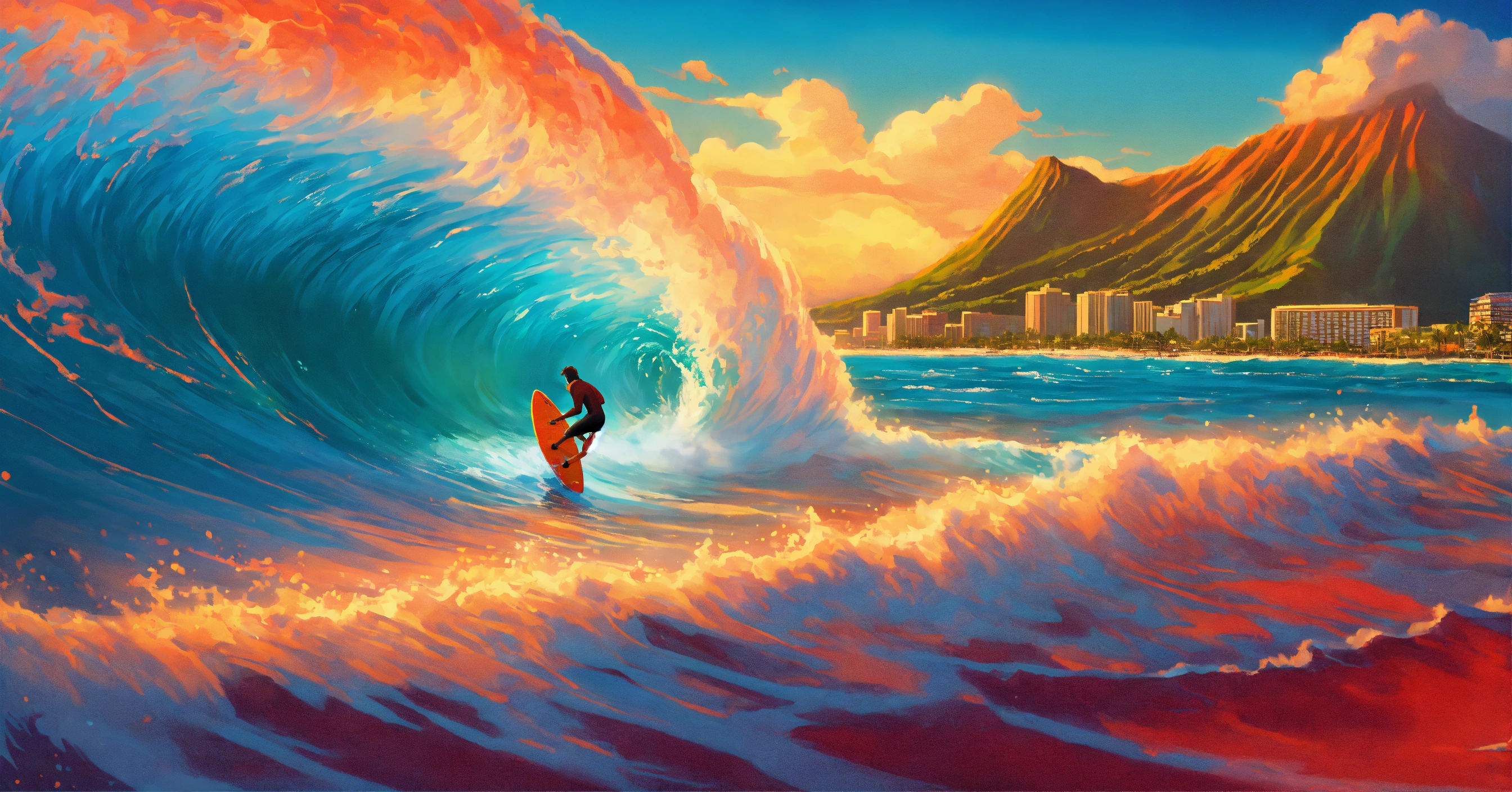 Lexica - Surfer riding a 6ft wave tube at Waikiki with Diamond head in ...