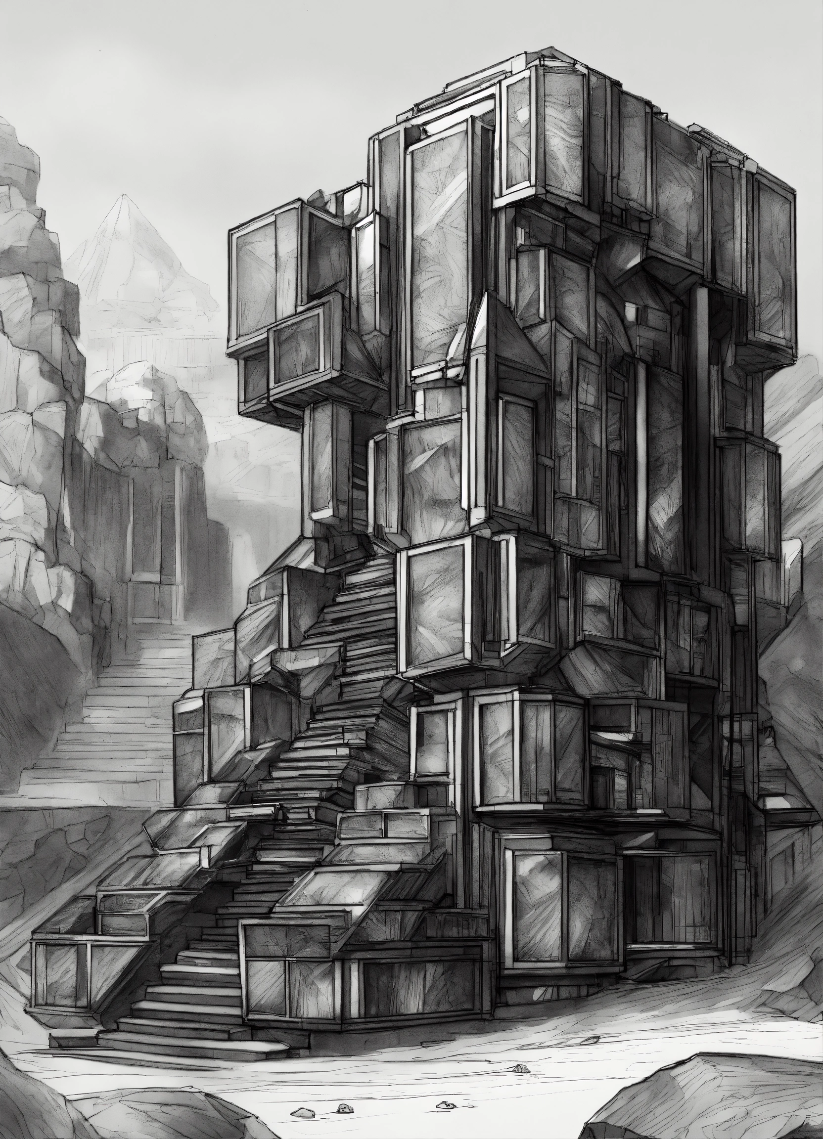 Lexica - A black and white sketch of bismuth crystal