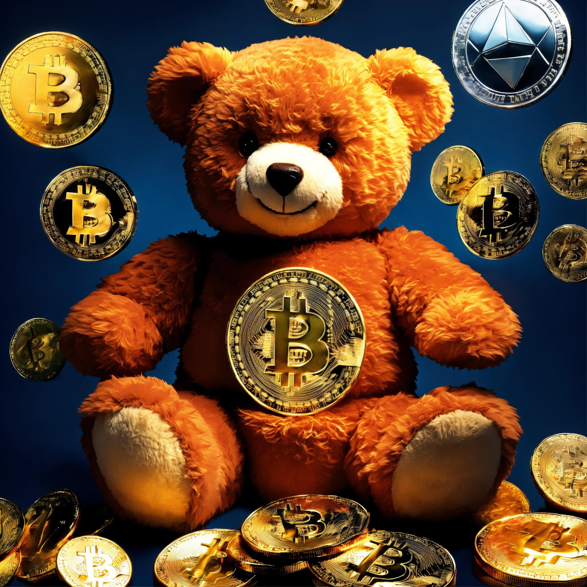 Lexica - Advertising poster of teddy bear , surrounded by cryptocurrency