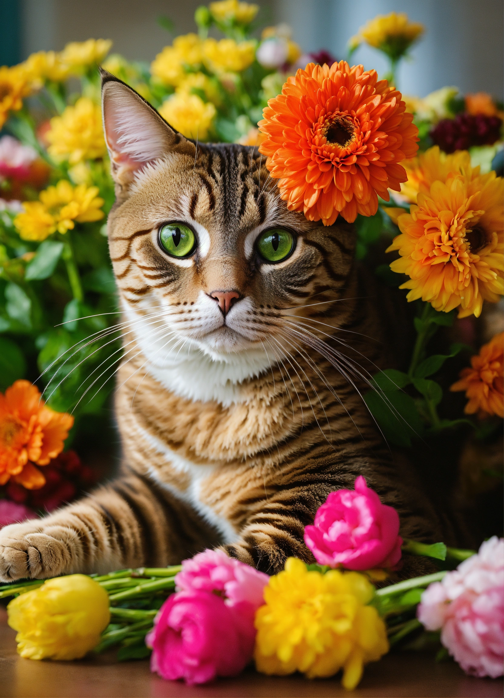 Lexica - Cat makes a bouquet of flowers
