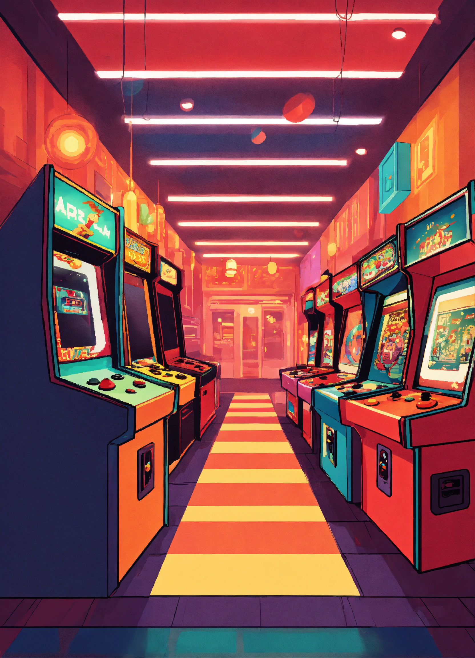 Lexica - A whimsical illustration of a retro arcade, with colorful ...