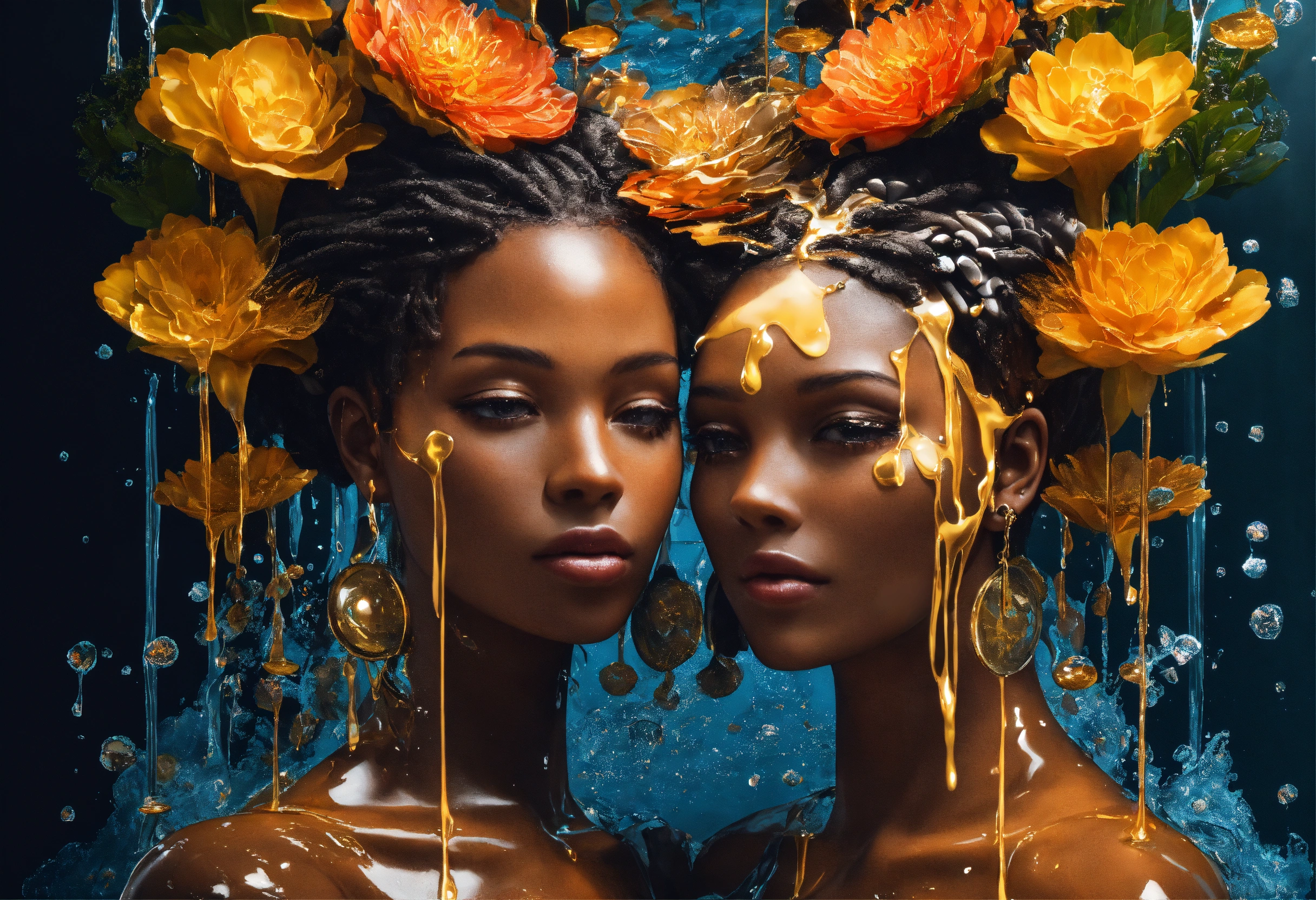 Lexica - Two Afrocentric women, one made of glass with water flowing ...