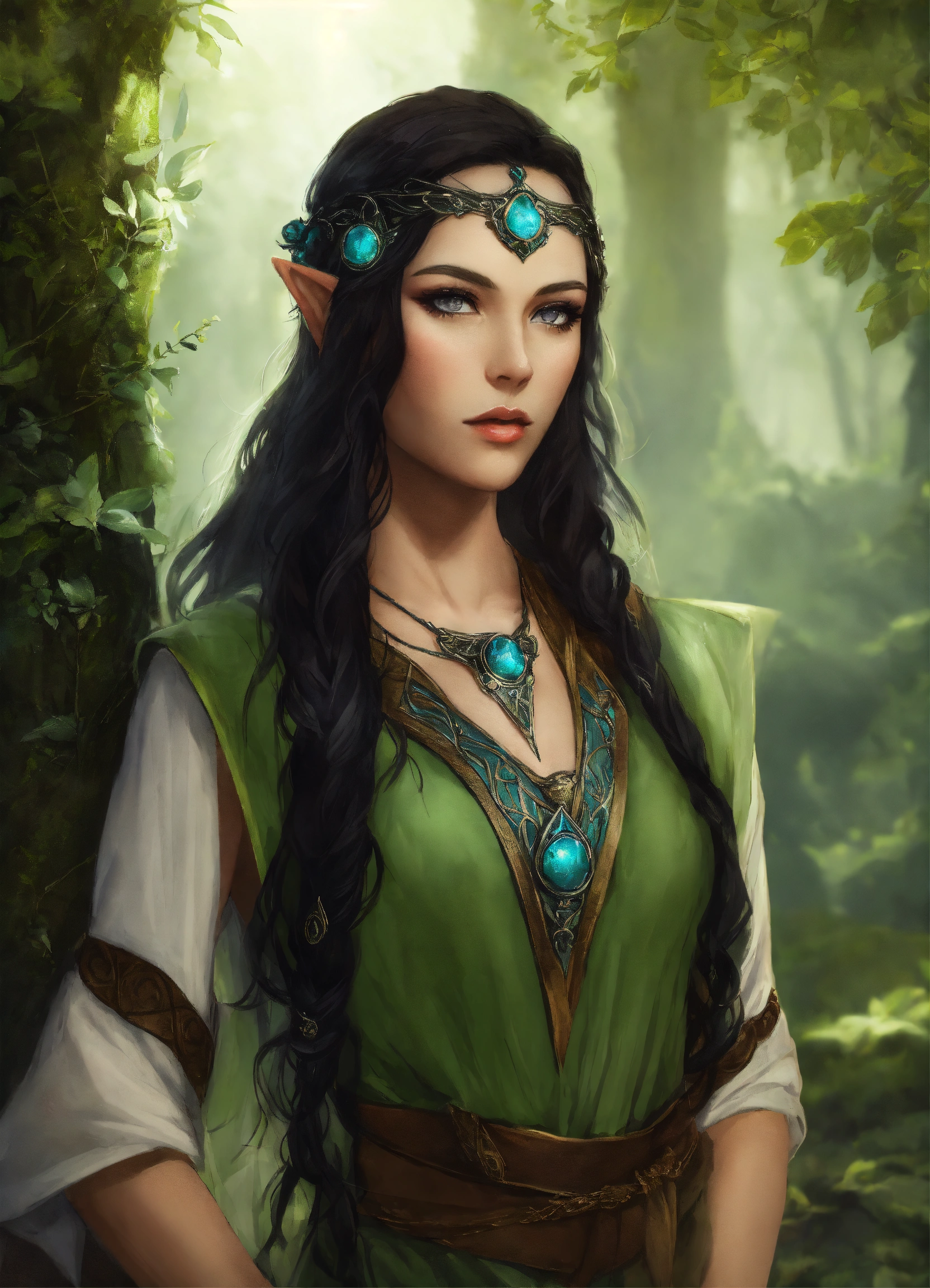 Lexica - Beautiful elven female druid with black hair and grey eyes